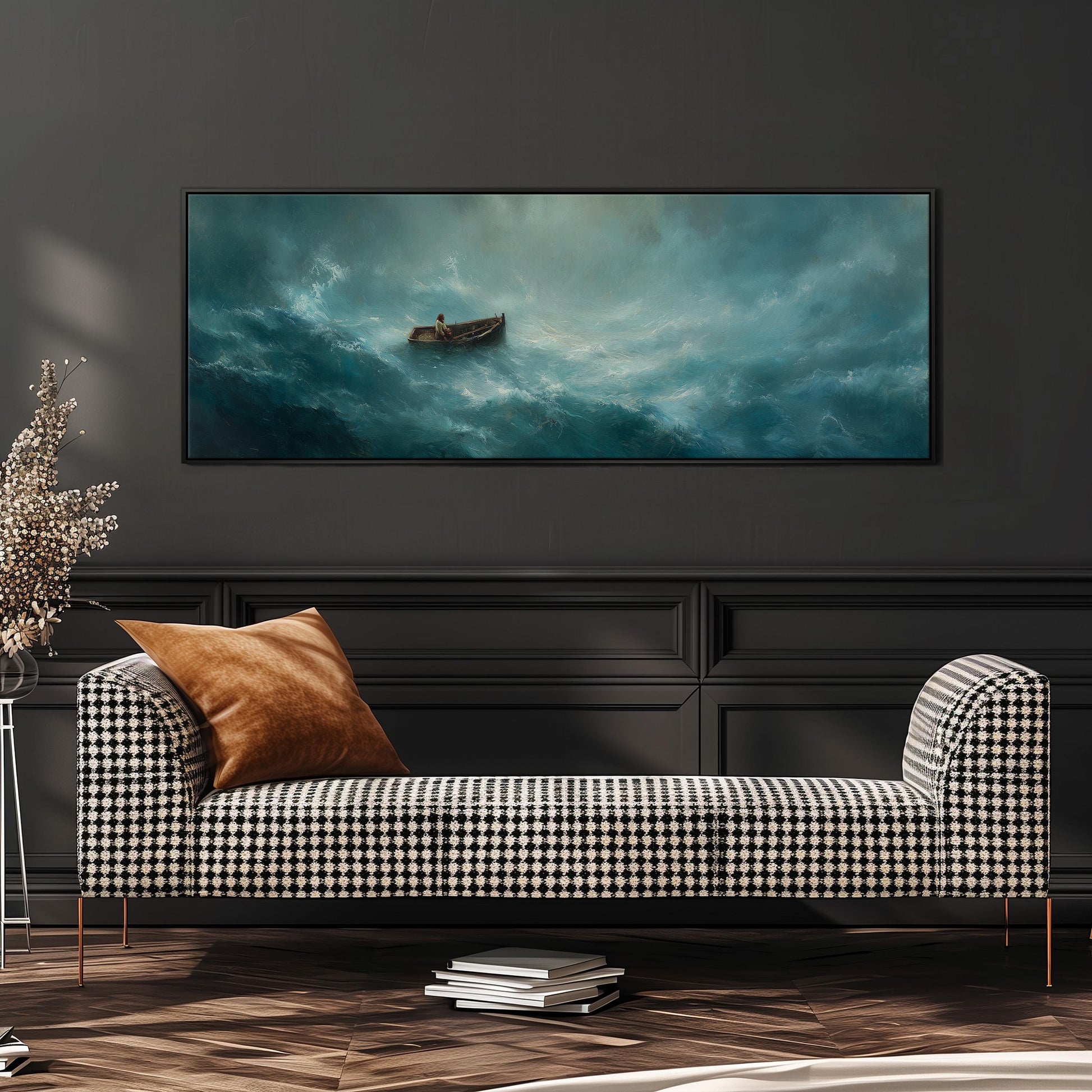 a large painting of a boat on a stormy sea hanging on a dark wall above a black and white checkered sofa.