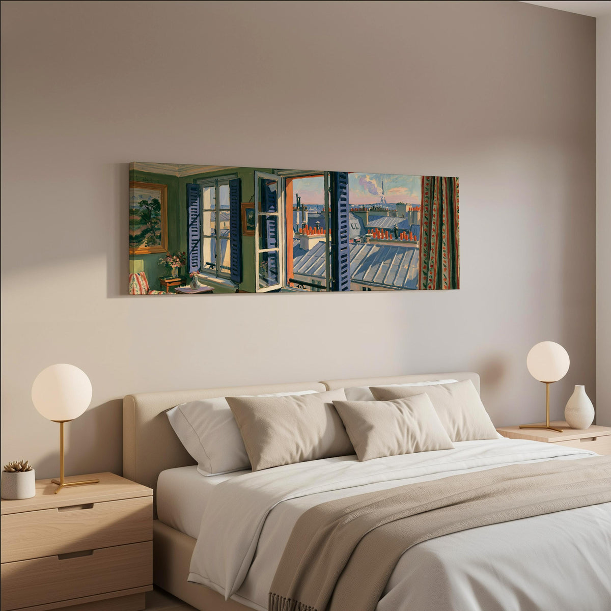 Paris chimneys and rooftops from a sunny window wide panoramic canvas print above a bed in a neutral bedroom