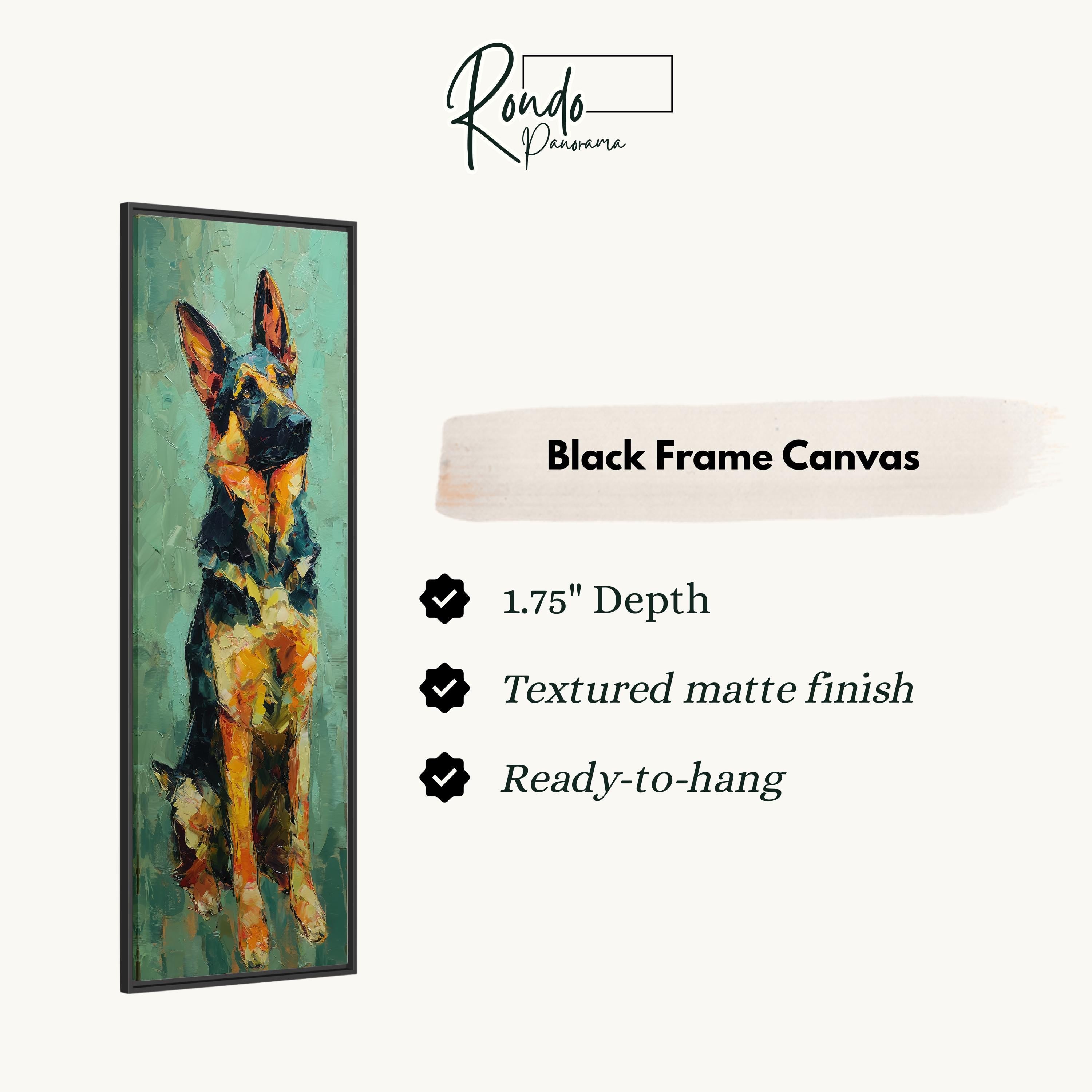 The image is a black frame canvas featuring a painting of a German Shepherd dog.