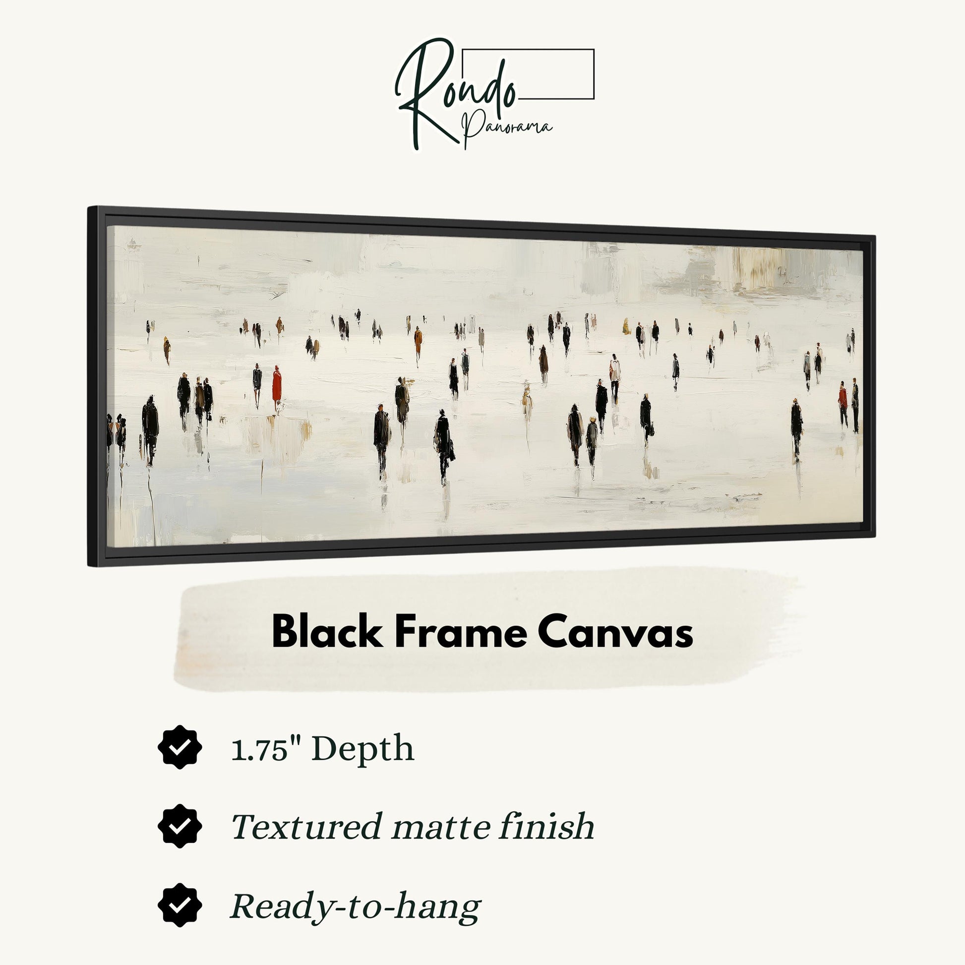 The image is a black frame canvas depicting a snowy landscape with a group of people walking across it.