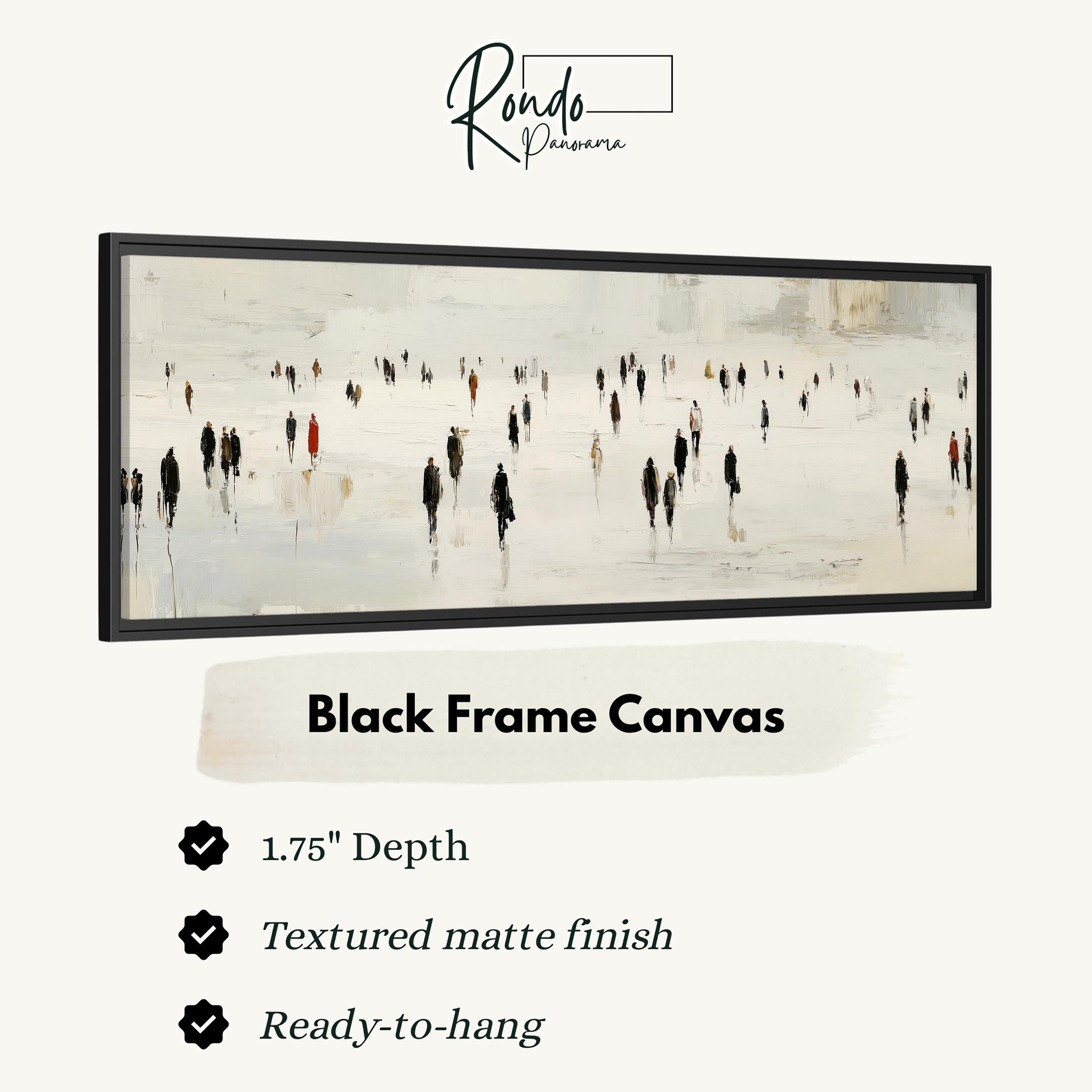 The image is a black frame canvas depicting a snowy landscape with a group of people walking across it.