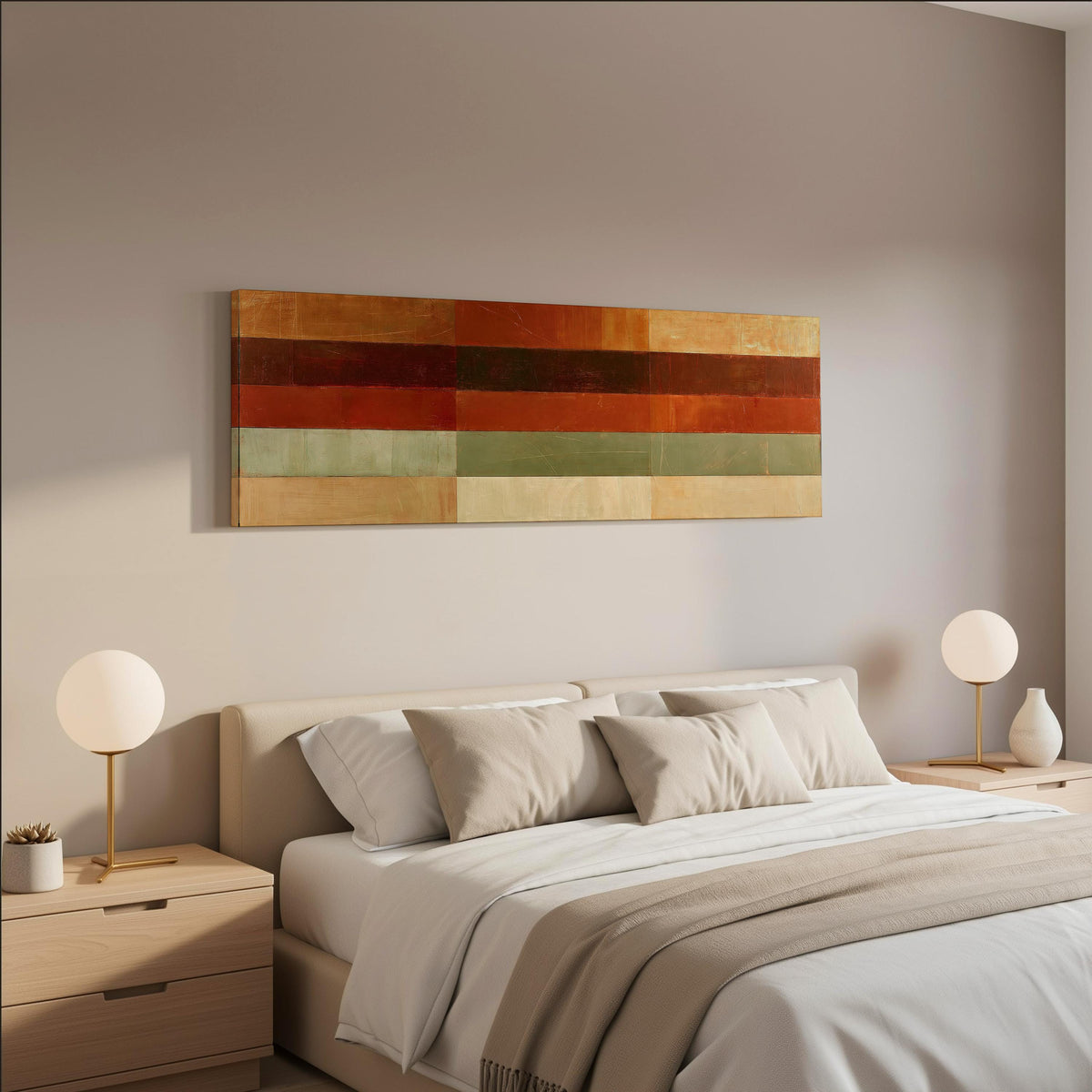 Amber, rust and sage horizontal color bands wide panoramic canvas print above a bed in a neutral bedroom