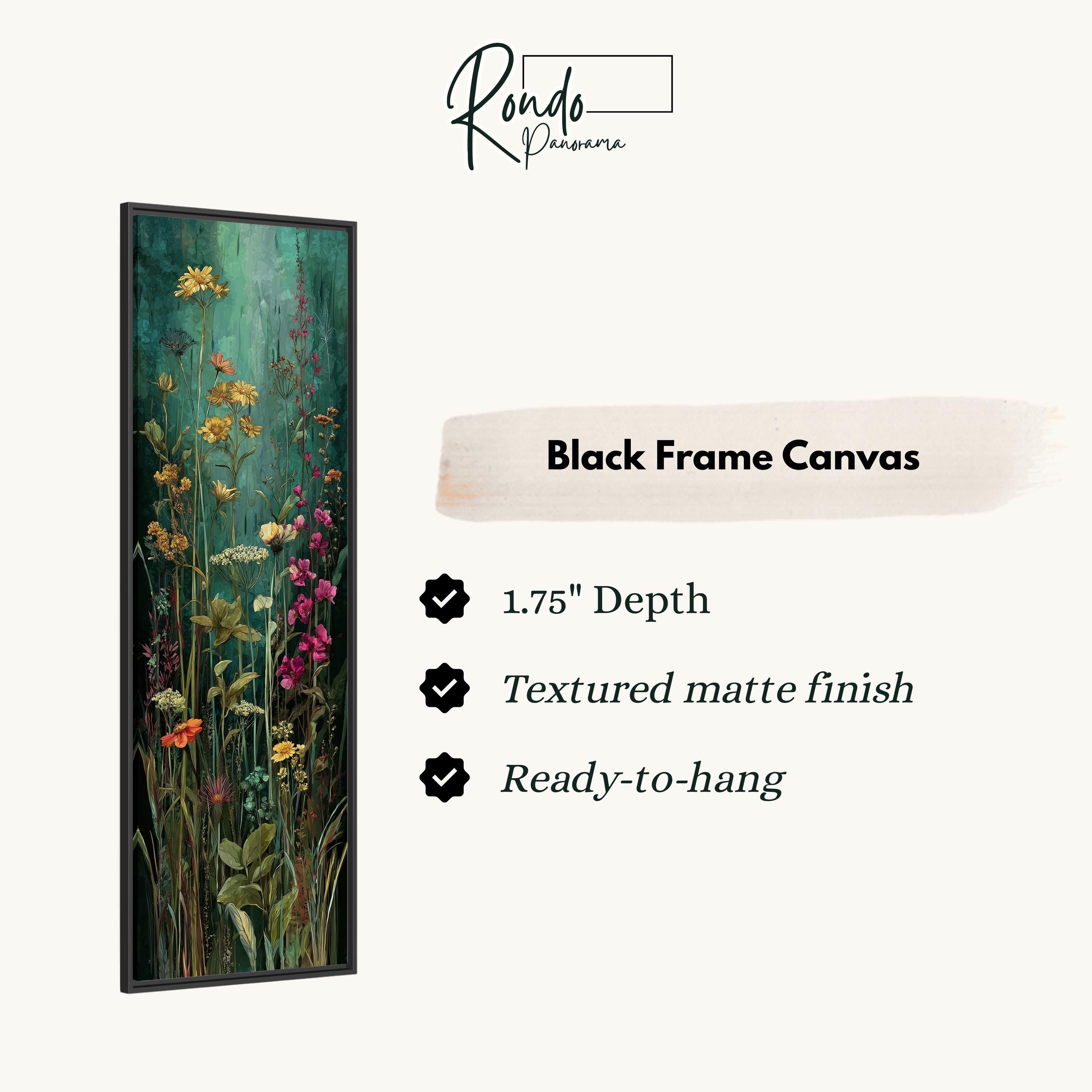The image is a black frame canvas featuring a painting of a lush green field with tall grass and colorful flowers.