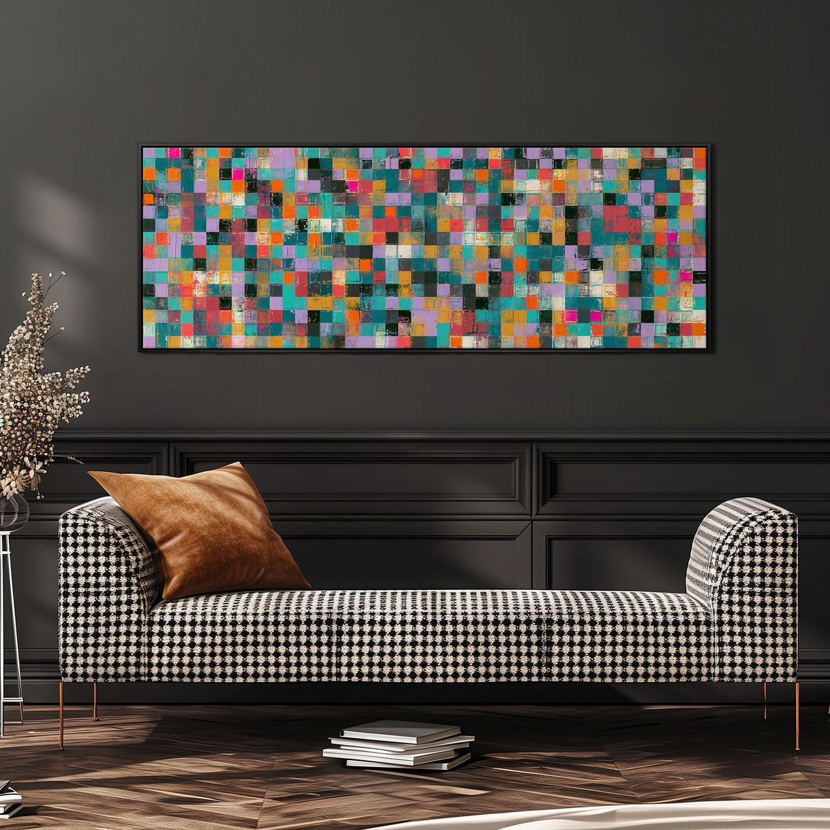 Jewel tone checker mosaic wide panoramic canvas print above a bench in a dark living room
