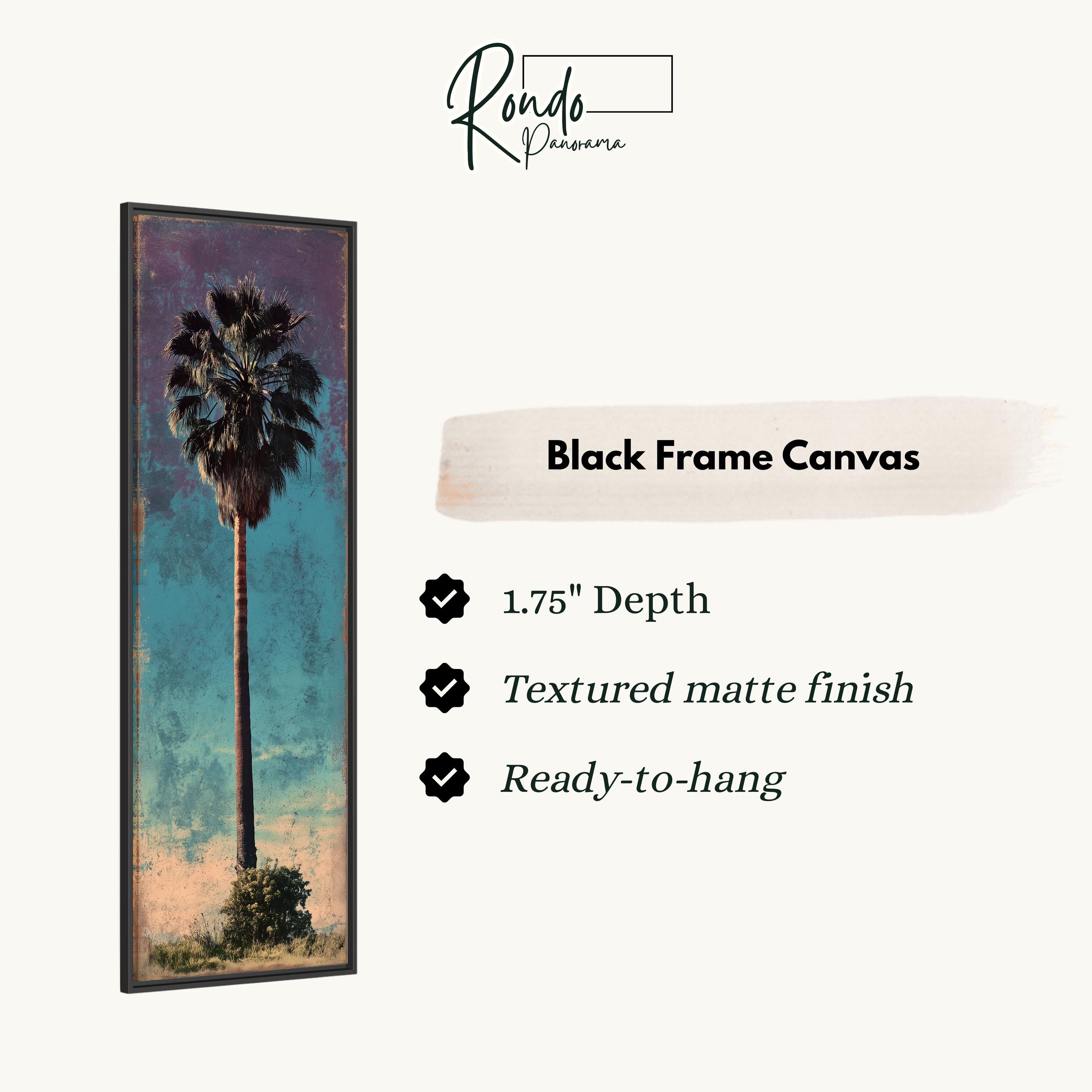 The image is a black frame canvas depicting a palm tree against a blue and green background.
