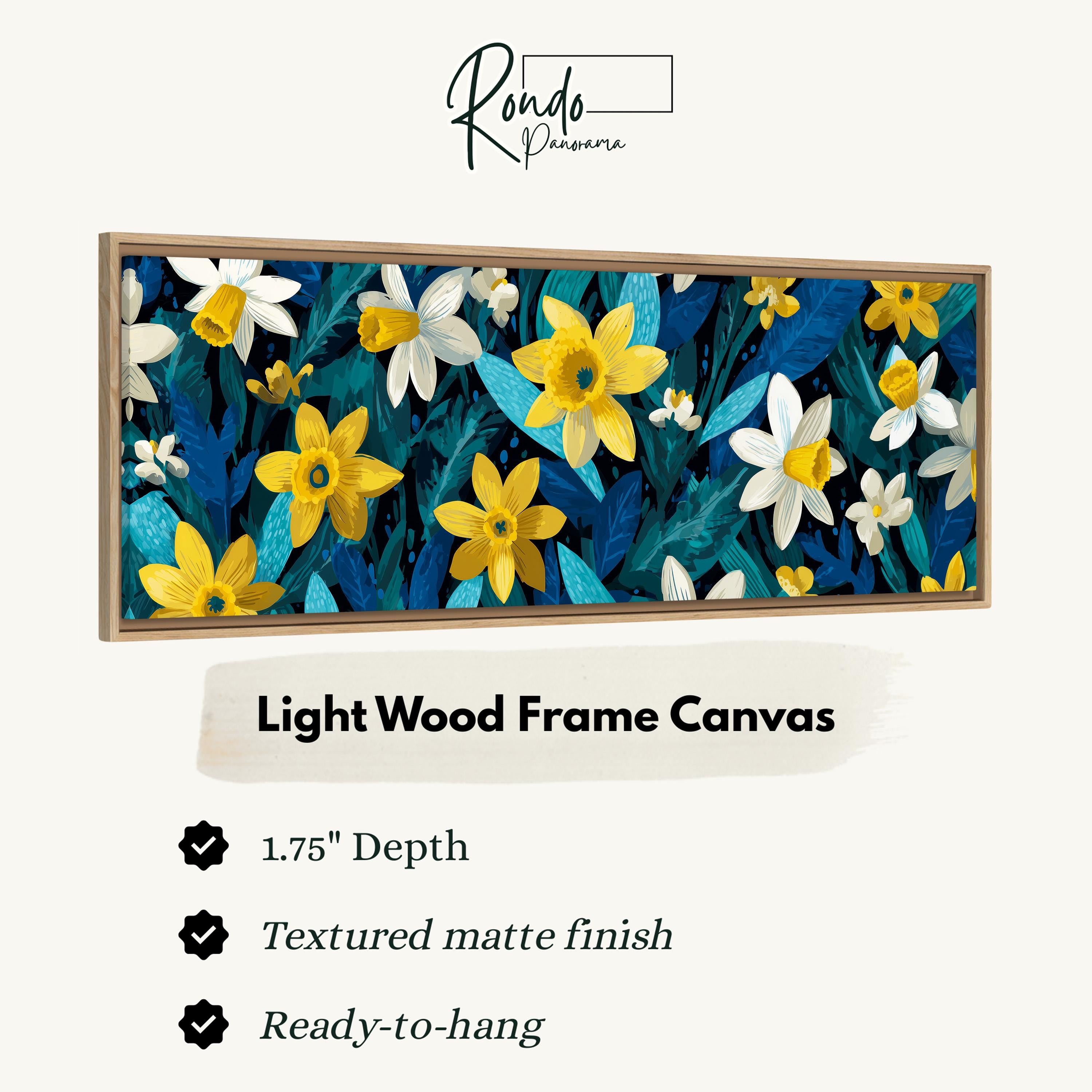 The image is a framed artwork featuring a vibrant floral pattern with yellow and white flowers against a blue and green background.