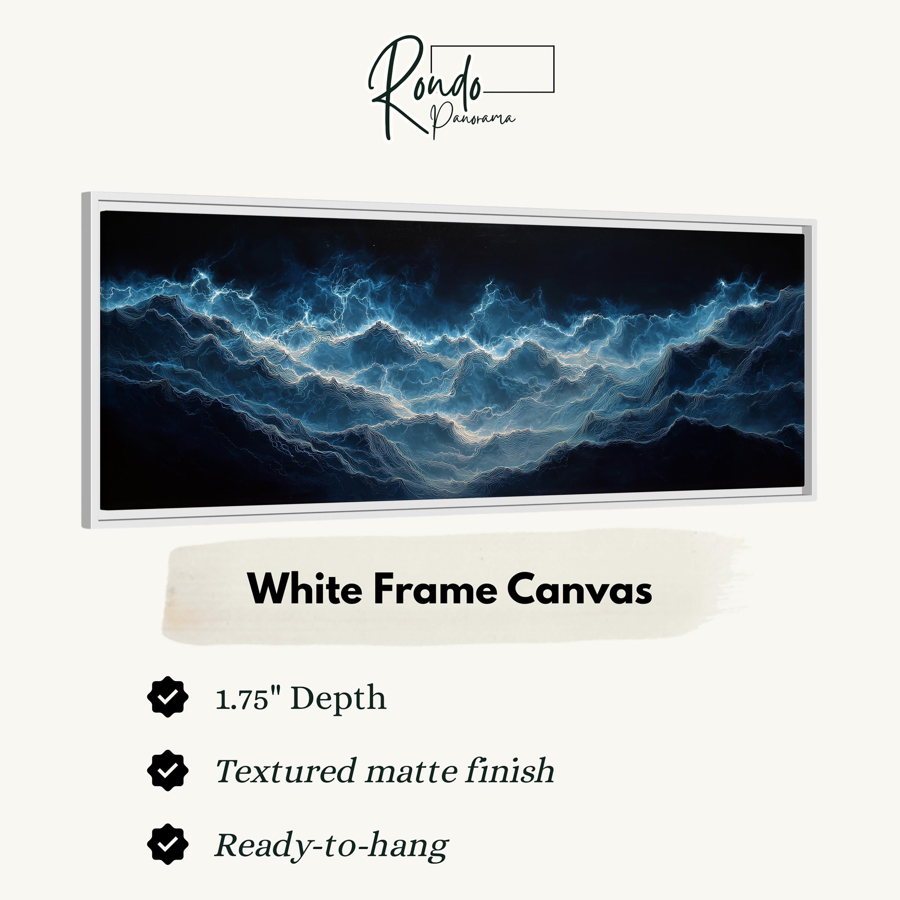 The image is a white frame canvas depicting a wave with a textured matte finish. The canvas is 1.75" deep and ready to hang.