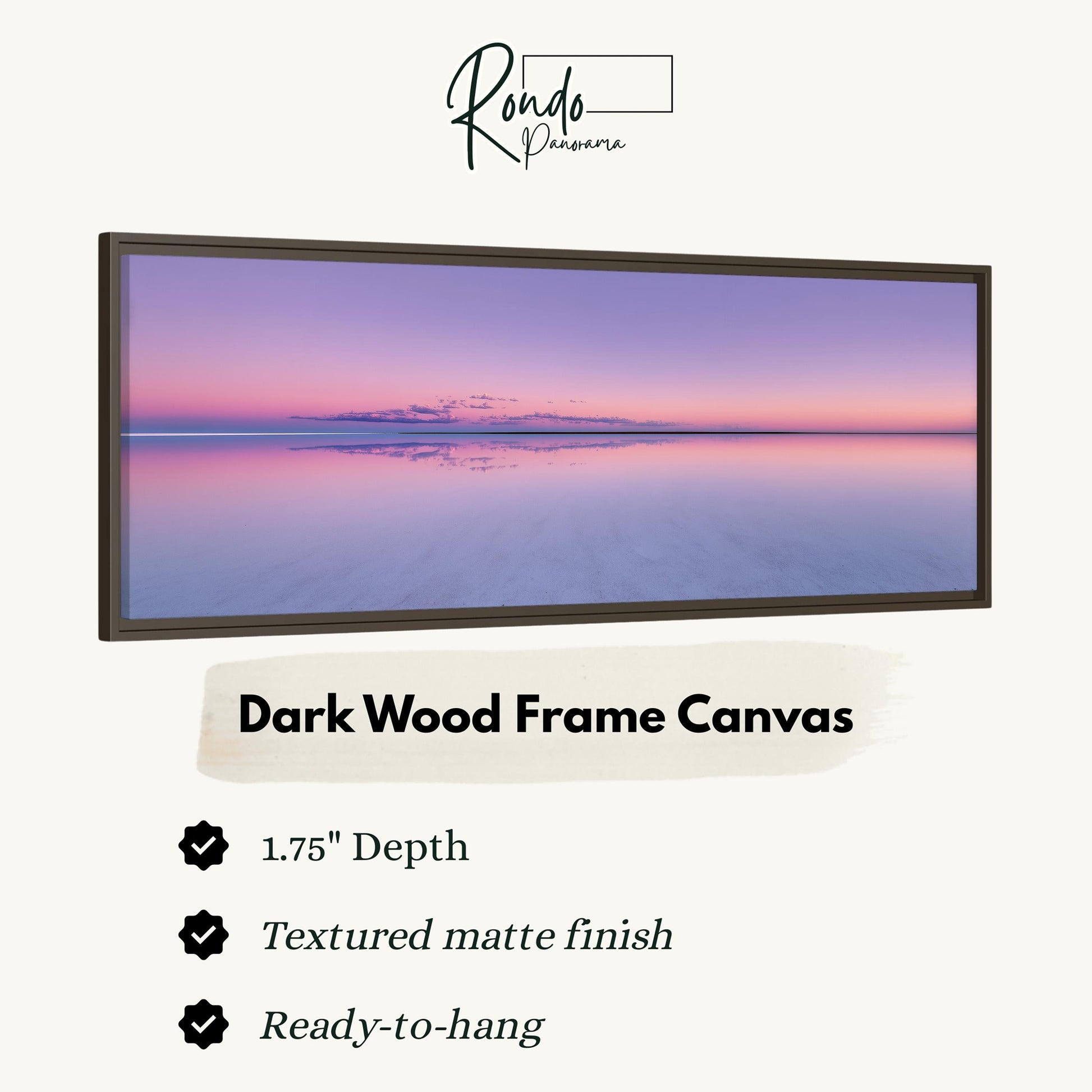 The image is a dark wood frame canvas depicting a serene sunset over a calm body of water.