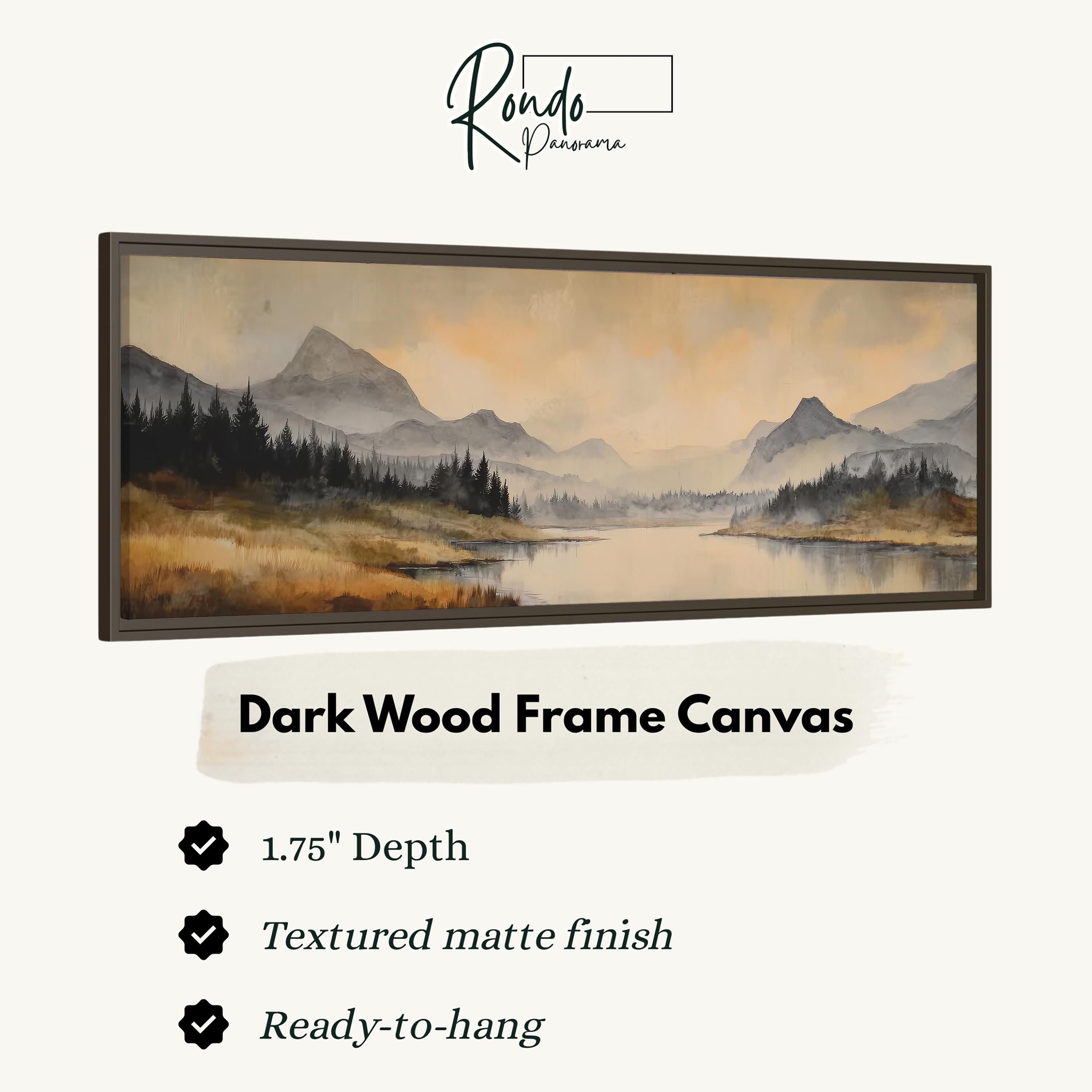 The image is a framed painting depicting a serene landscape with mountains, trees, and a lake.