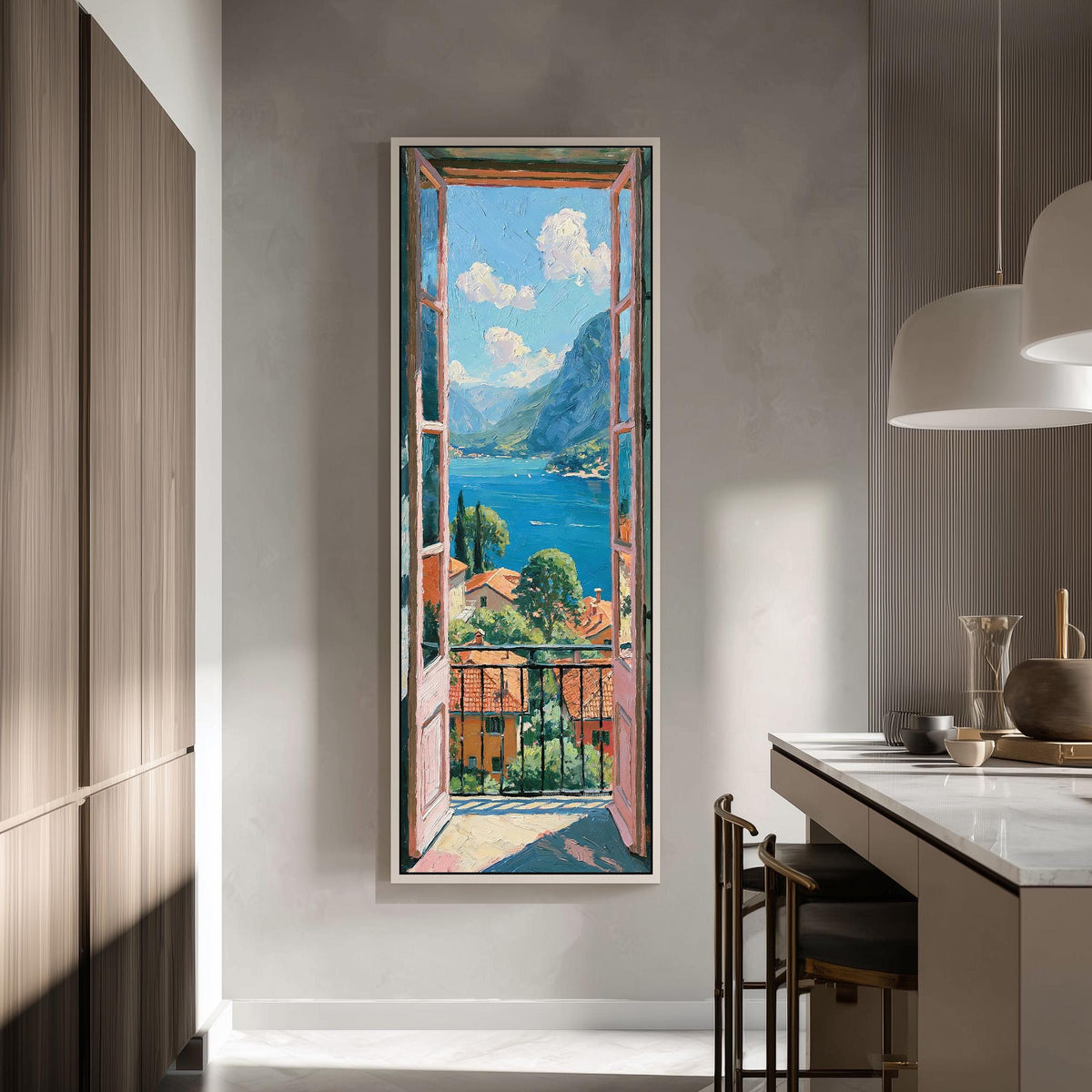 Italian lake view from an open balcony door tall skinny canvas print in a modern kitchen