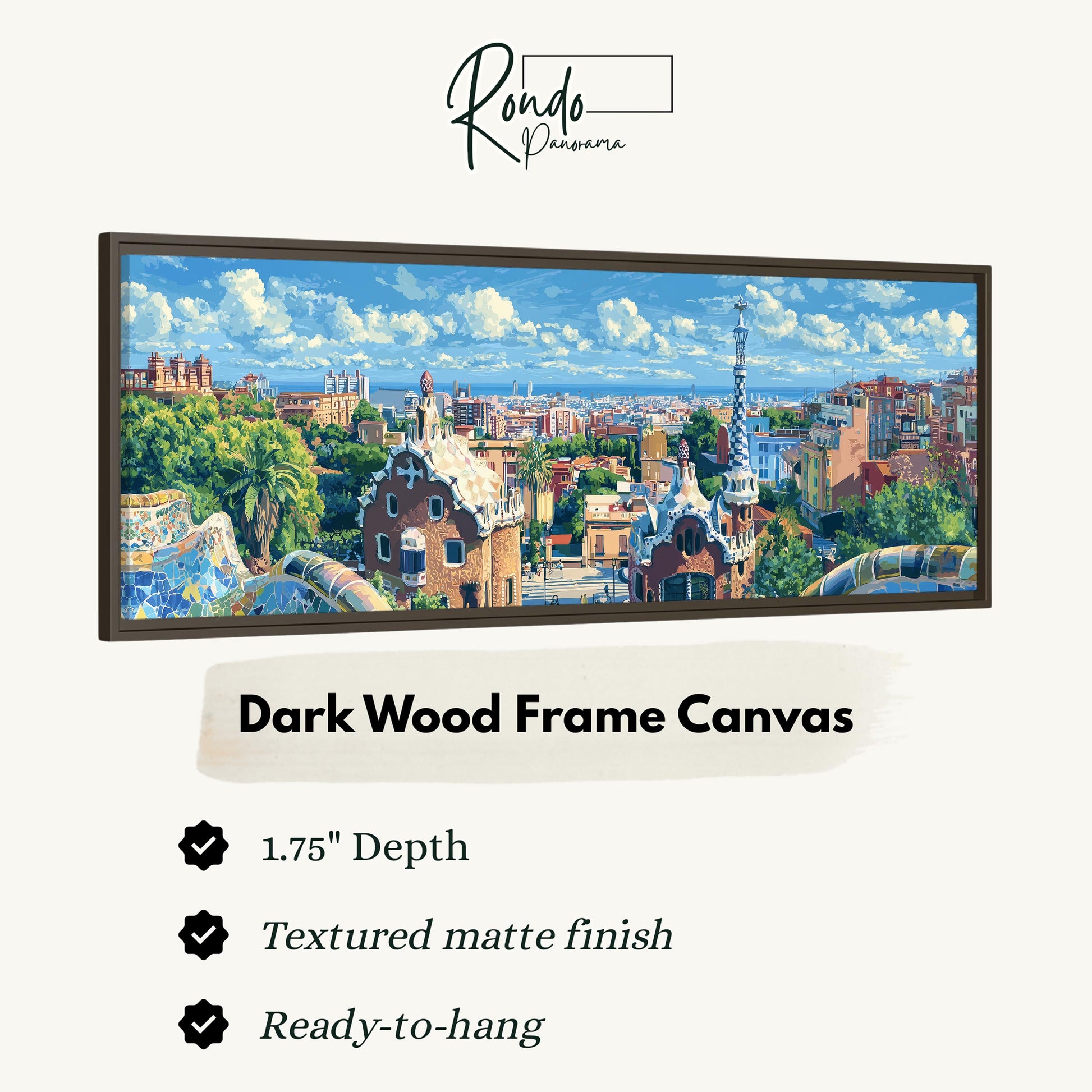 The image is a dark wood frame canvas depicting a cityscape with buildings, trees, and a clear blue sky.
