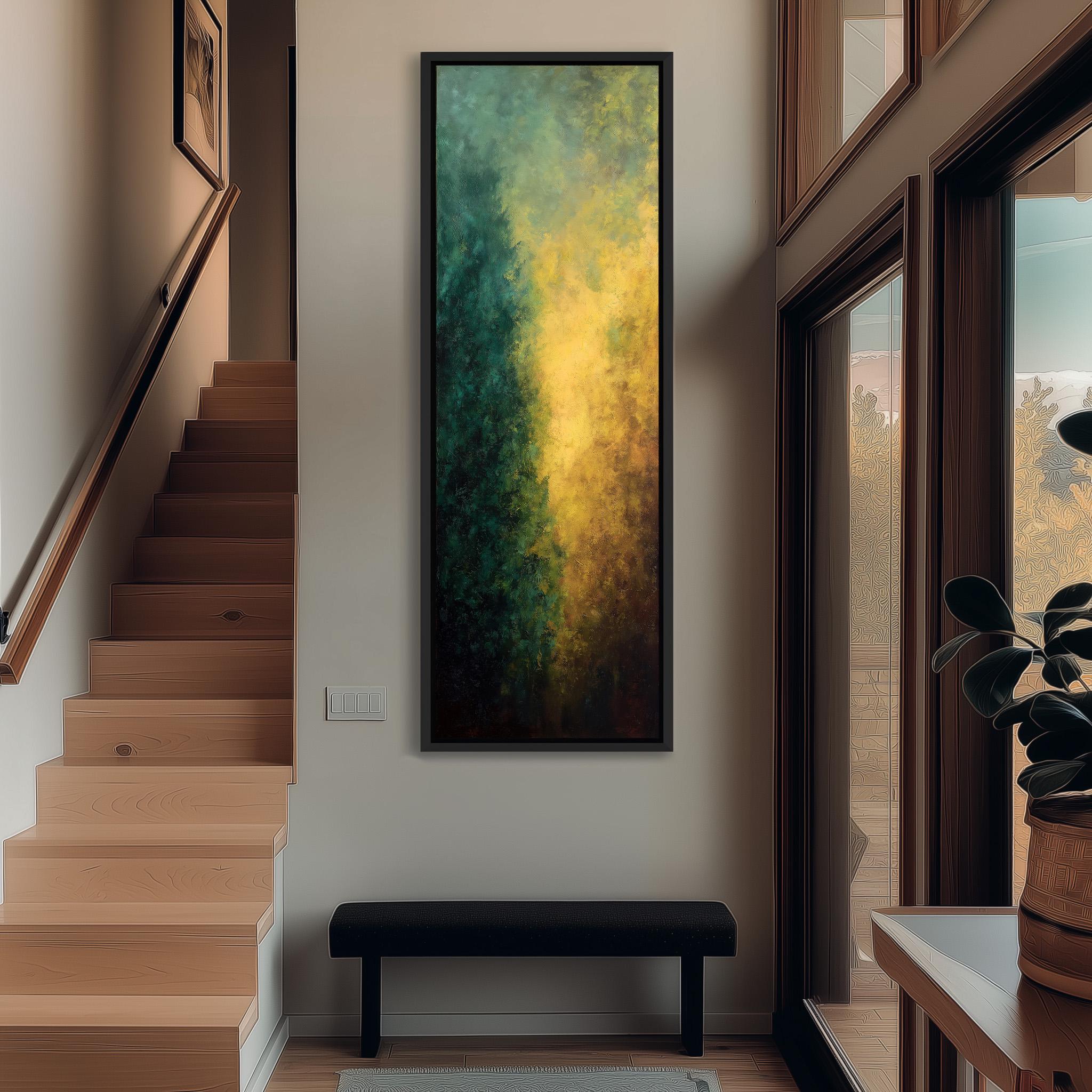 a modern hallway with a large painting hanging on the wall, a wooden staircase, and a bench. The painting has a vibrant green and yellow color scheme, creating a lively atmosphere in the space.