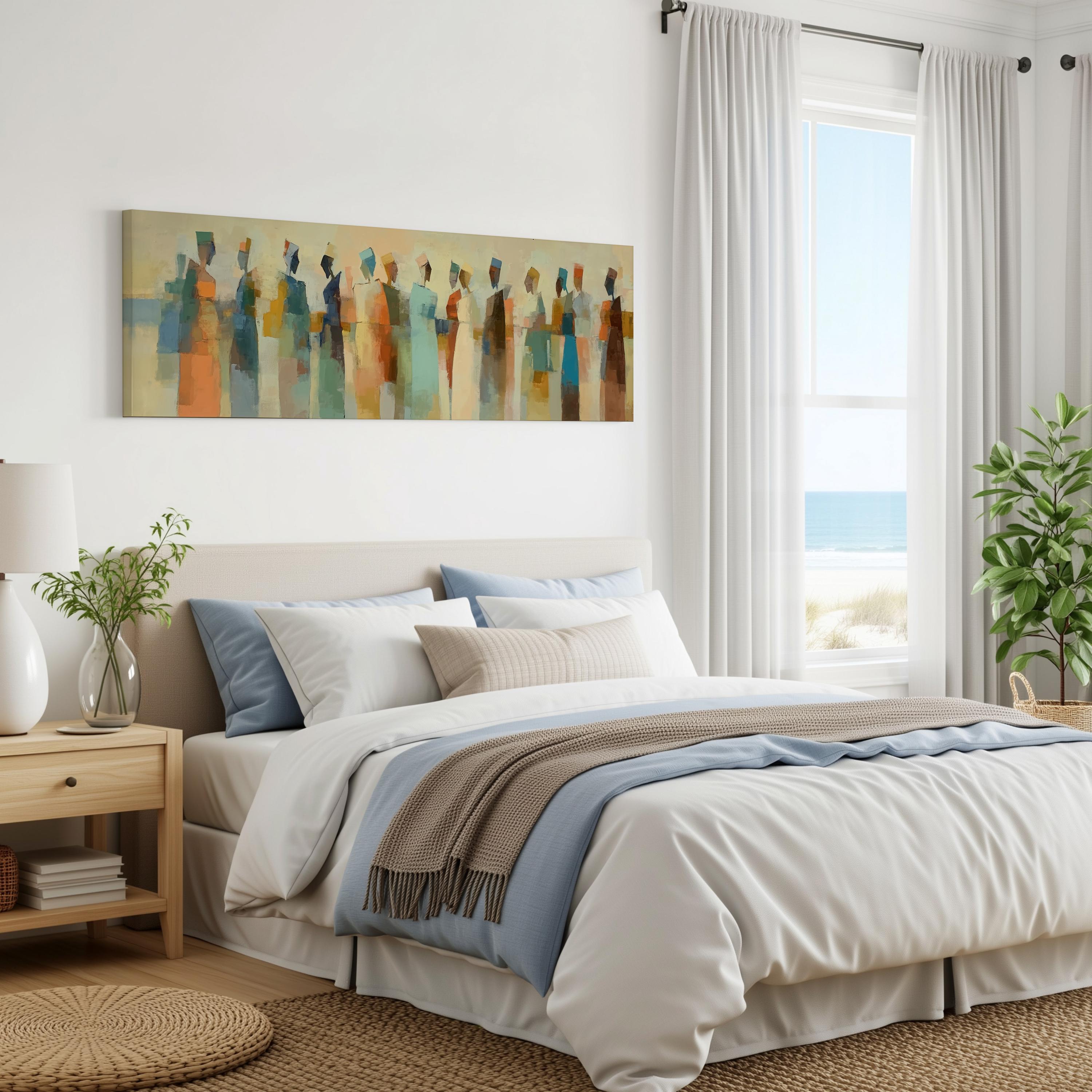 a serene bedroom with a large bed, a painting of colorful figures on the wall, and a window overlooking the ocean.