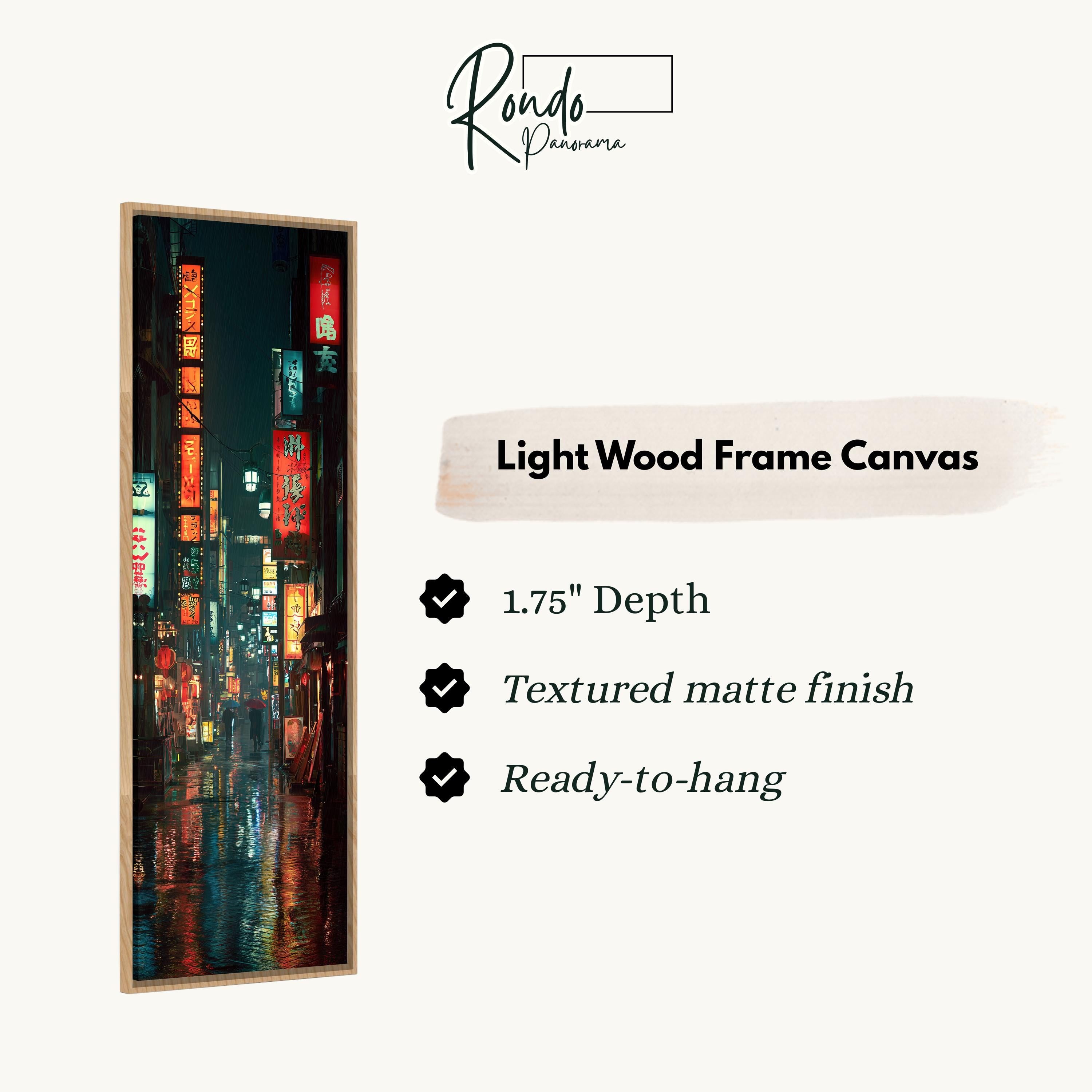 The image is a vertical text box with information about a light wood frame canvas.