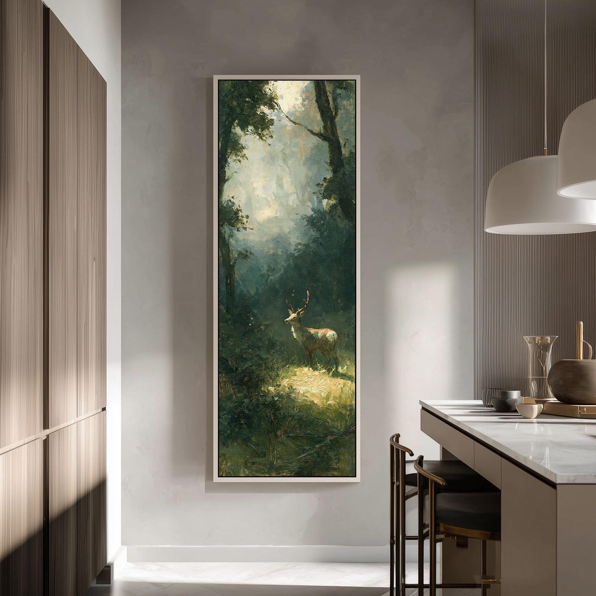 Deer in a misty forest glade tall skinny canvas print in a modern kitchen