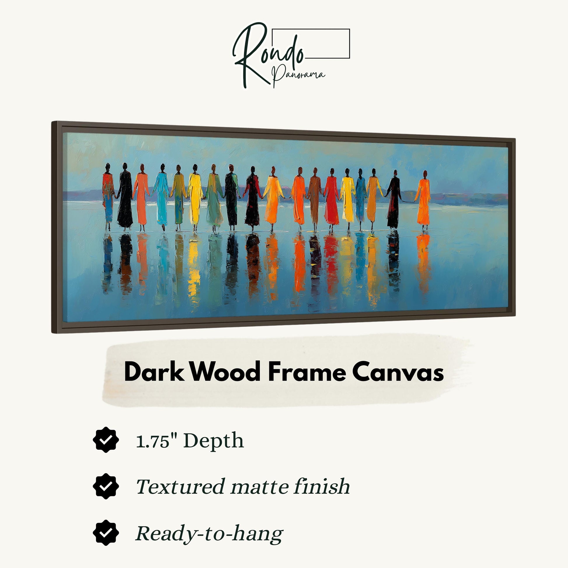 The image is a framed artwork depicting a group of people standing in a line on a body of water, with their reflections visible in the water.