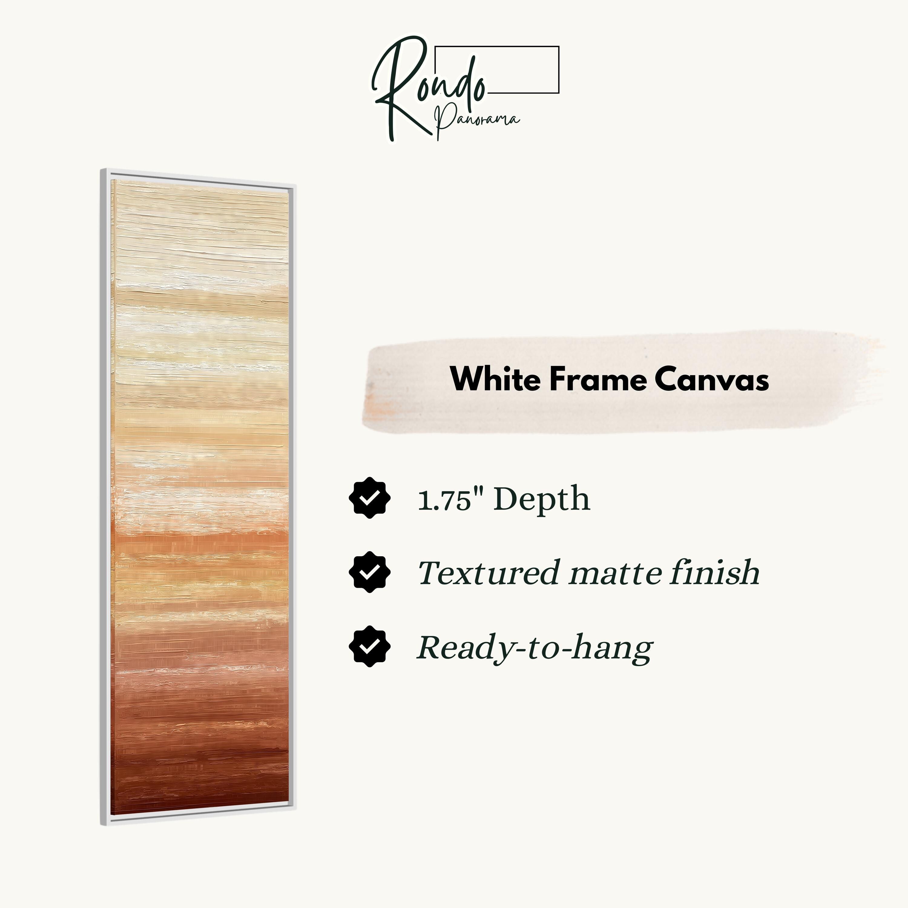 The image is a product description for a white frame canvas. It features a vertical line of varying shades of brown, ranging from light to dark, and includes text describing the features of the canvas.