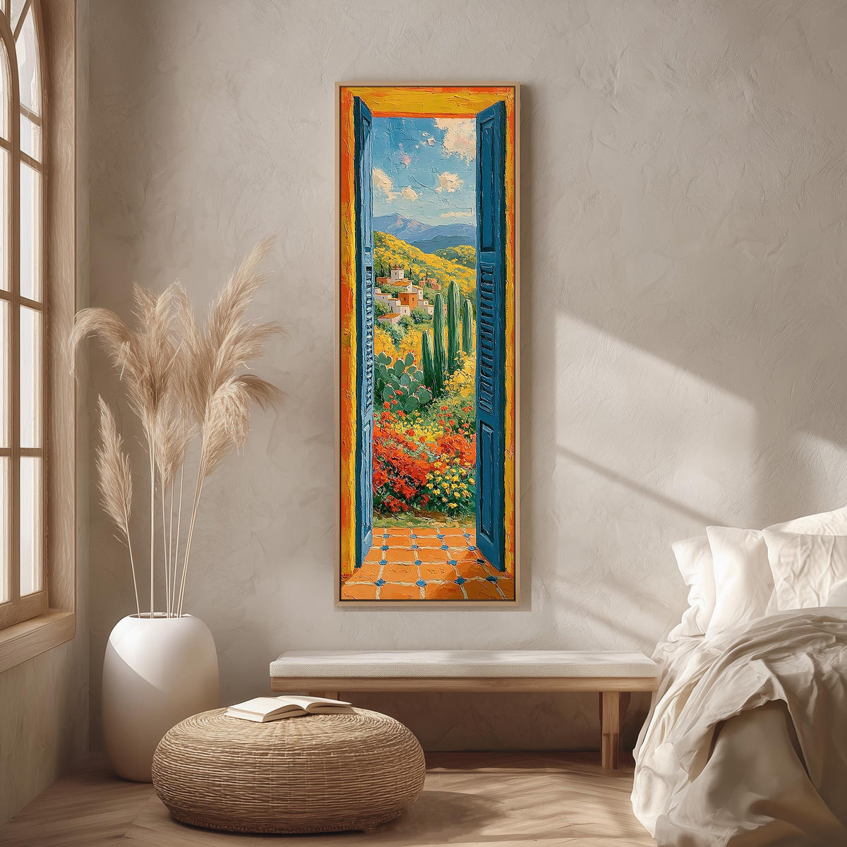 Open blue door onto a Mediterranean valley long vertical canvas print in a bright reading corner