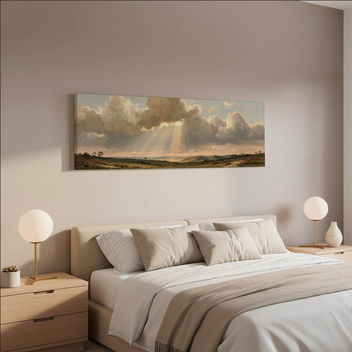 Sunbeams breaking through clouds over plains wide panoramic canvas print above a bed in a neutral bedroom
