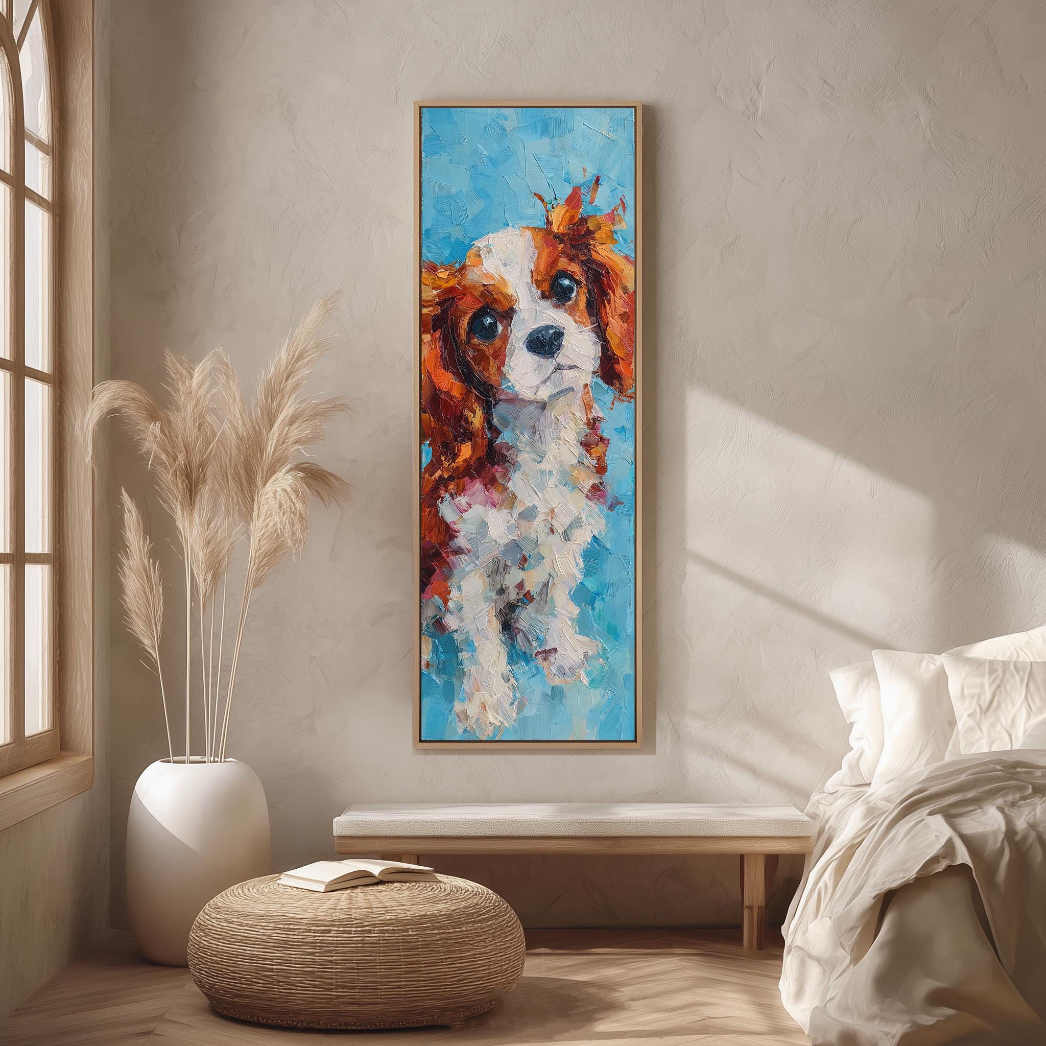 a large painting of a Cavalier King Charles Spaniel dog hanging on a wall in a bedroom.