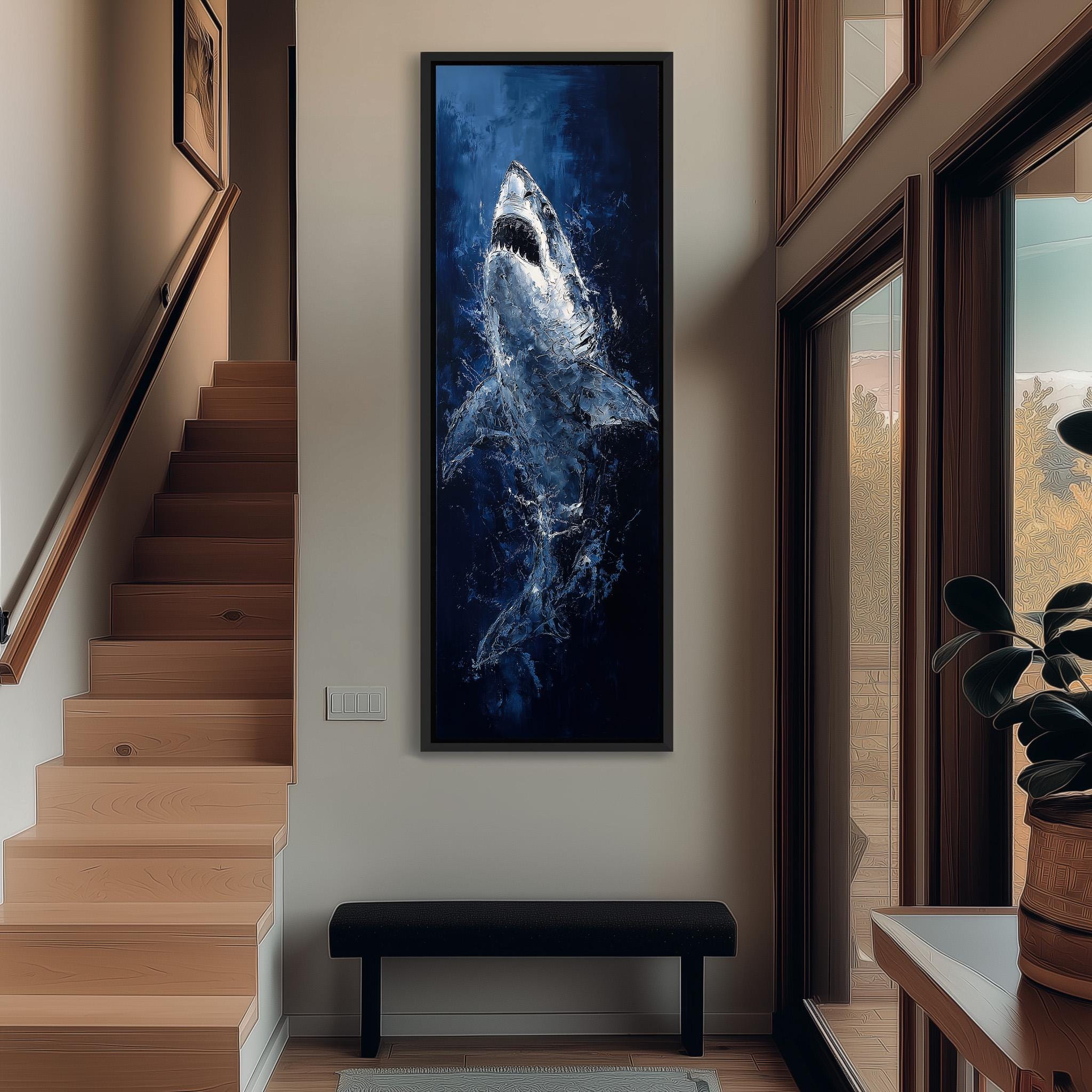 a large framed painting of a shark hanging on the wall in a hallway.