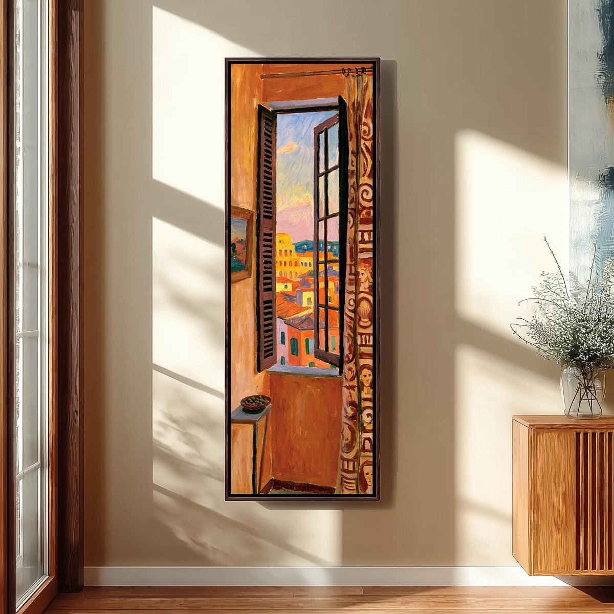 Rome's Colosseum through a tall orange room window tall skinny canvas print in a sunlit living space