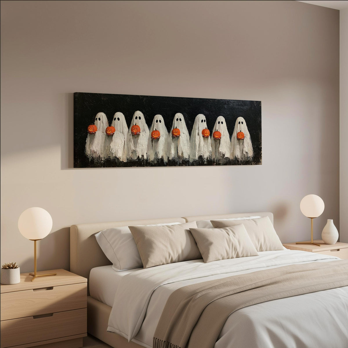 Crowd of huddled ghosts with pumpkins wide panoramic canvas print above a bed in a neutral bedroom
