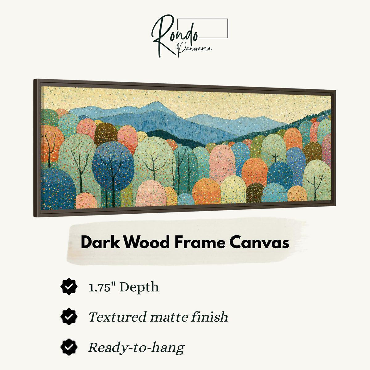 Pastel dotted forest below blue mountains canvas print in a dark wood floating frame
