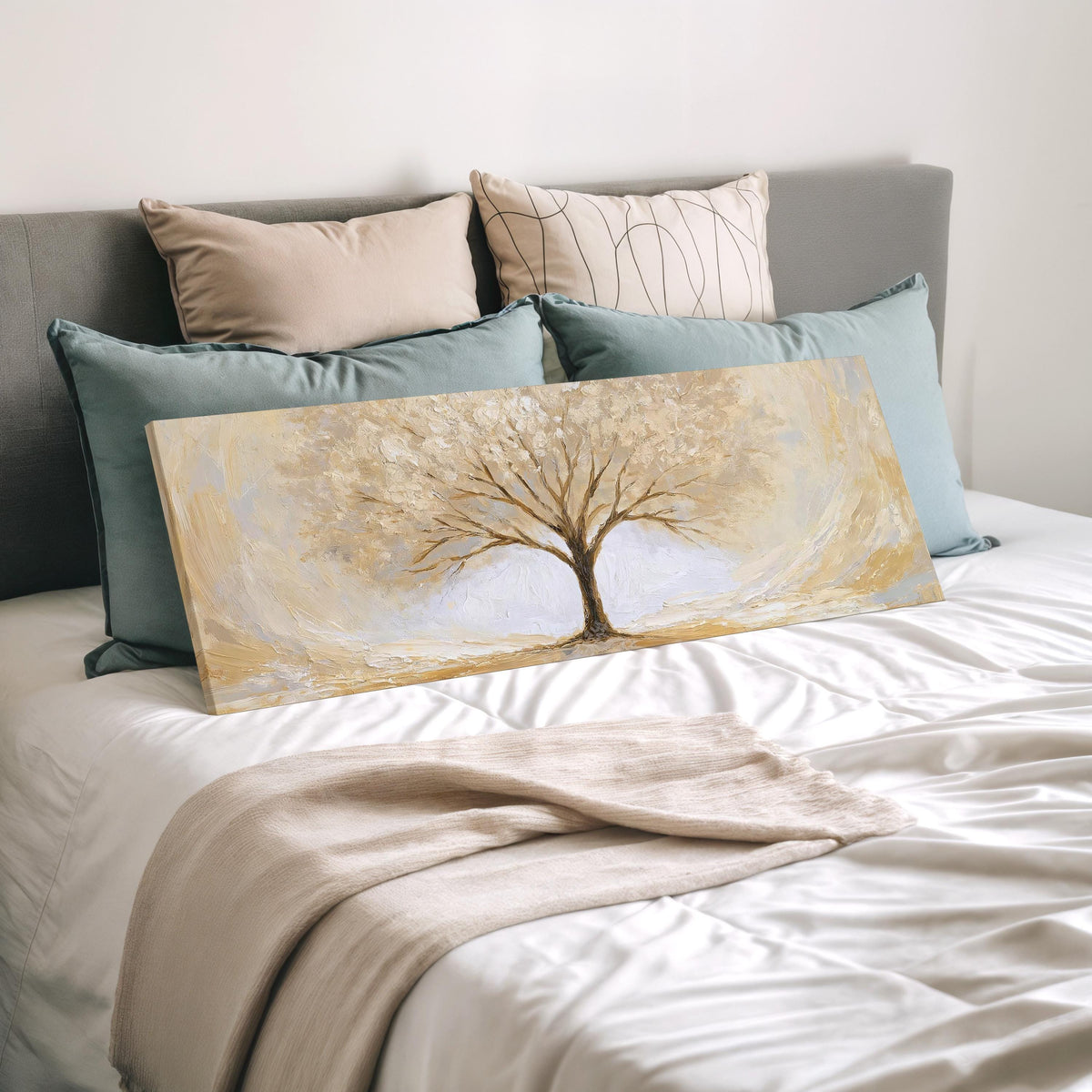 Golden winter tree wide panoramic canvas print laid on a bed to show its size