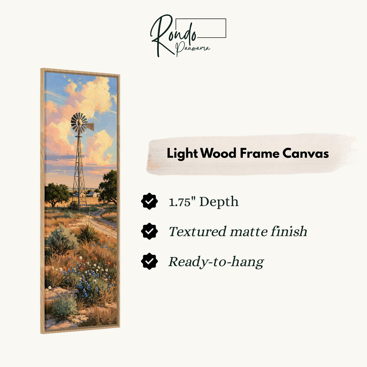 Ranch windmill above bluebonnets at sunset canvas print in a light wood floating frame