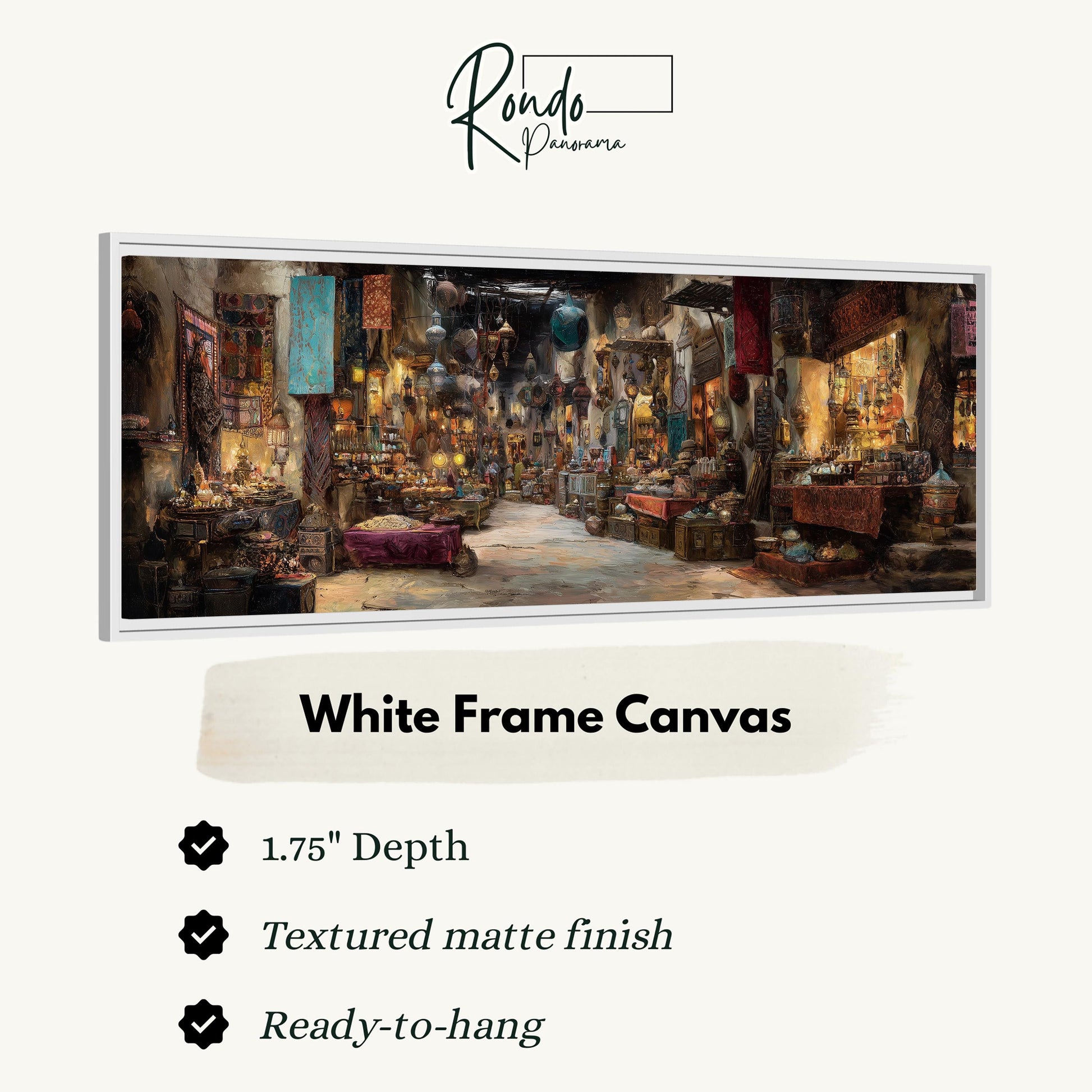 The image is a white frame canvas depicting a bustling market scene with various stalls, goods, and people.