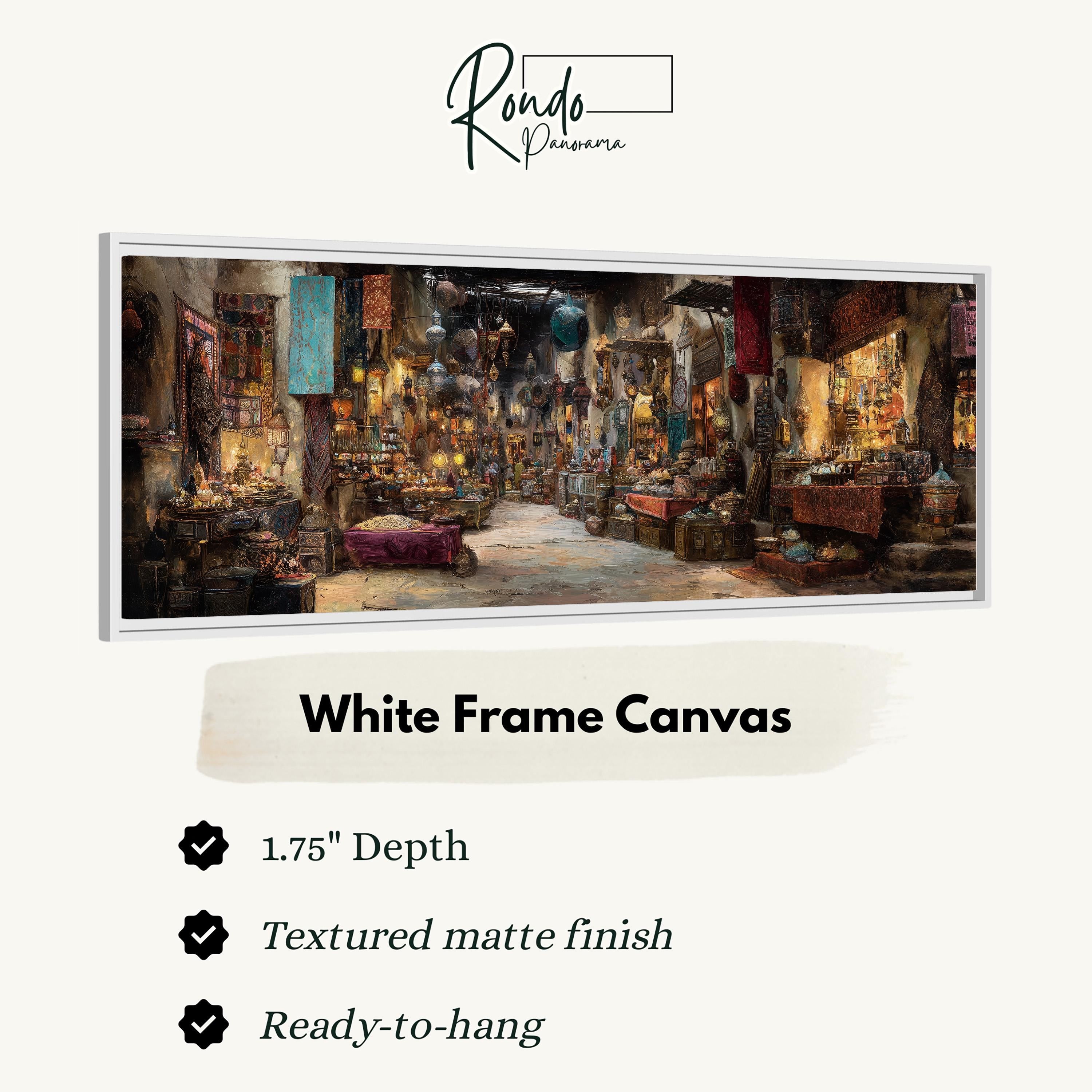 The image is a white frame canvas depicting a bustling market scene with various stalls, goods, and people.