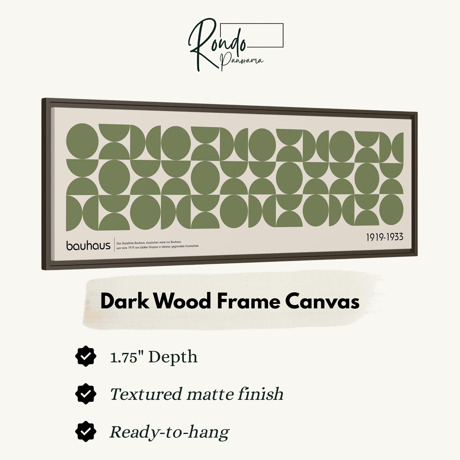 The image is a framed artwork with a dark wood frame and a geometric pattern of green circles and ovals.