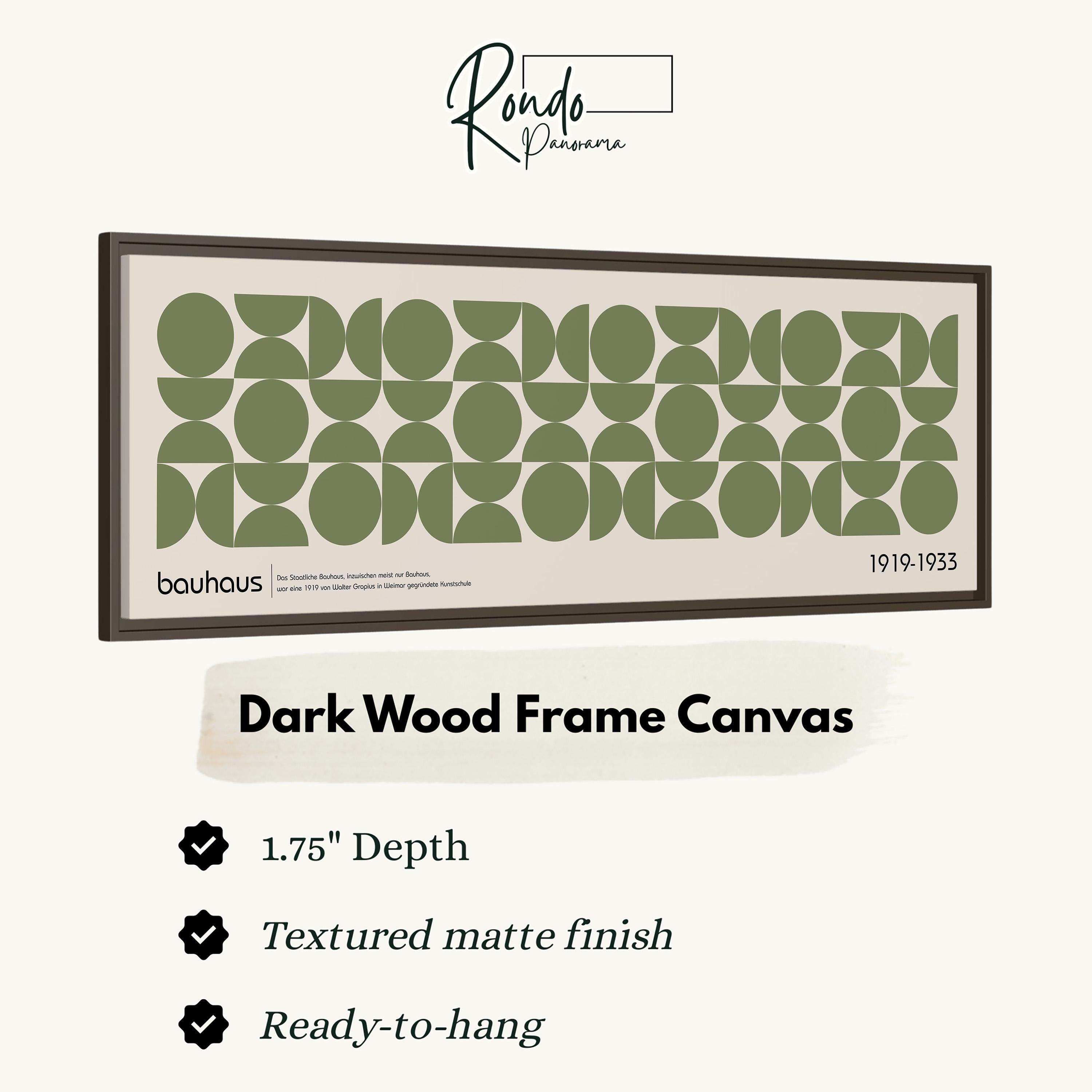 The image is a framed artwork with a dark wood frame and a geometric pattern of green circles and ovals.