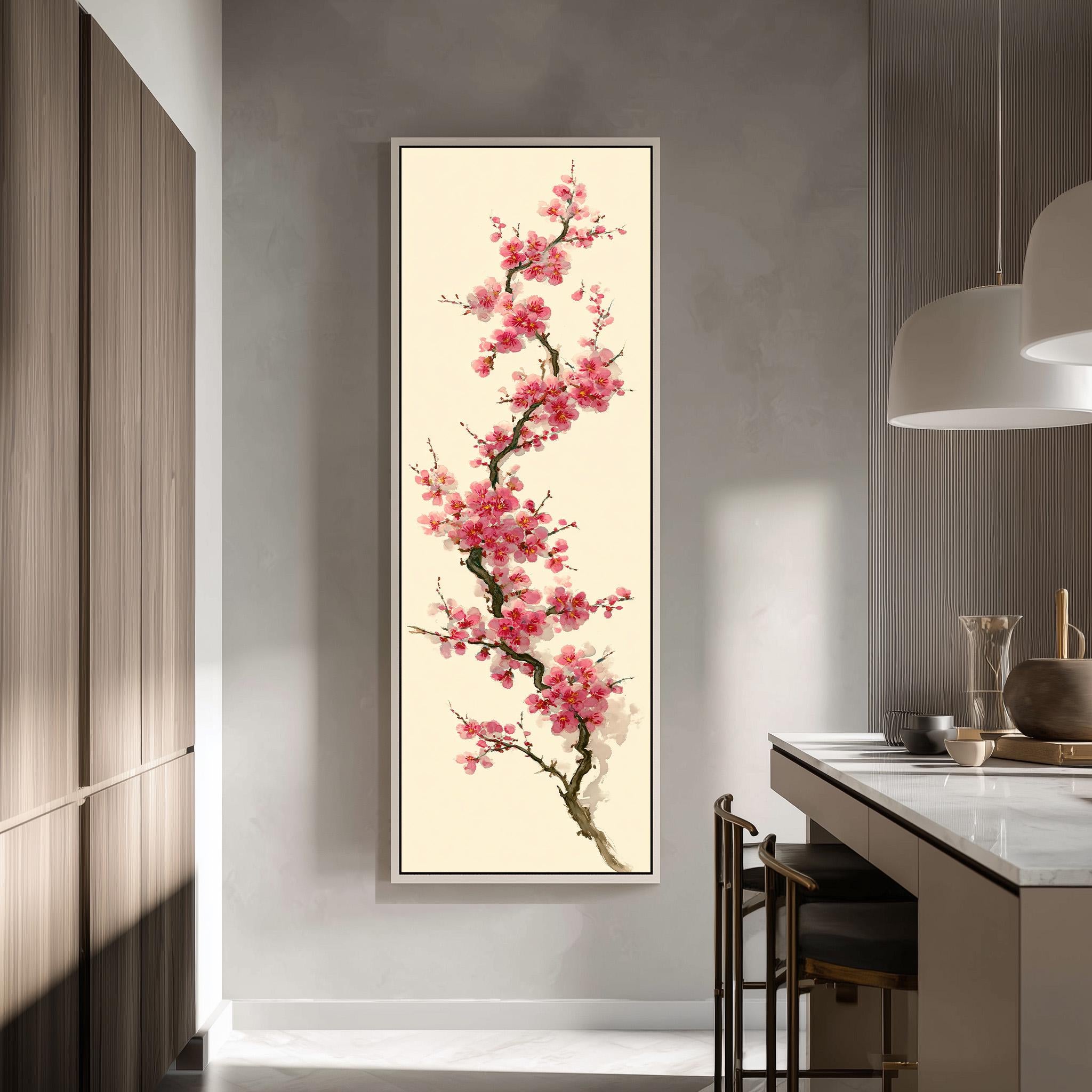 a large framed painting of a pink flower on a wall, with a minimalist and modern design.