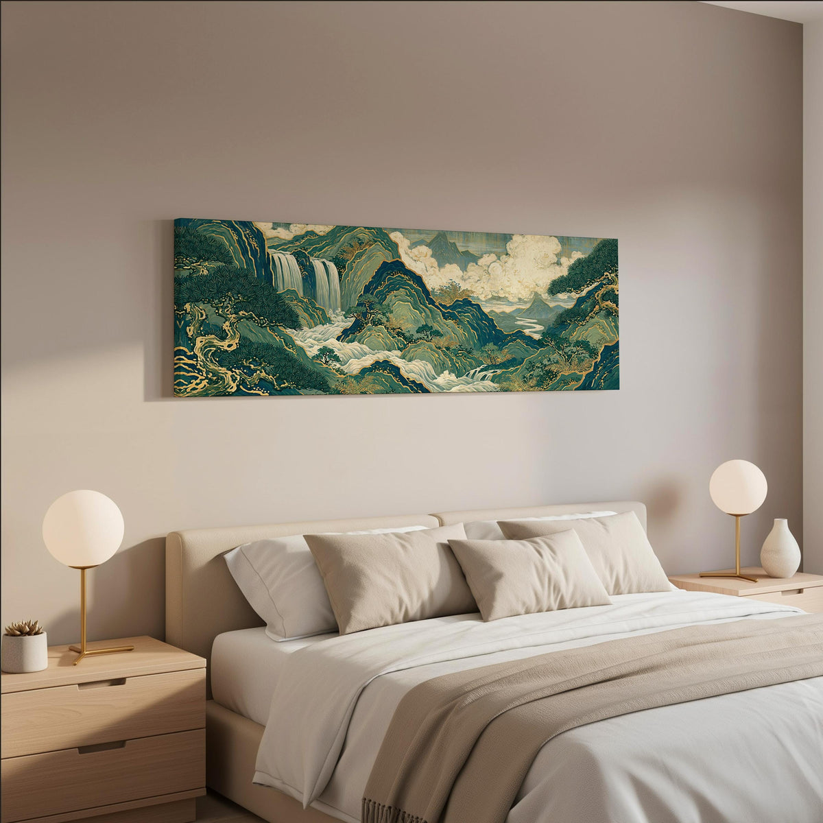 Emerald waterfall mountains with gold lines wide panoramic canvas print above a bed in a neutral bedroom
