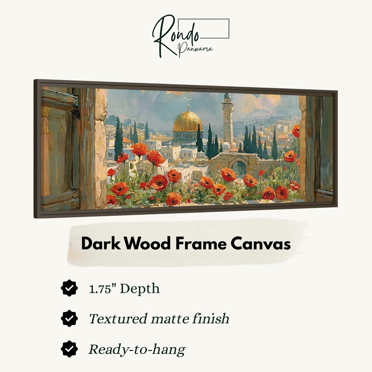 Jerusalem skyline through a window with poppies canvas print in a dark wood floating frame