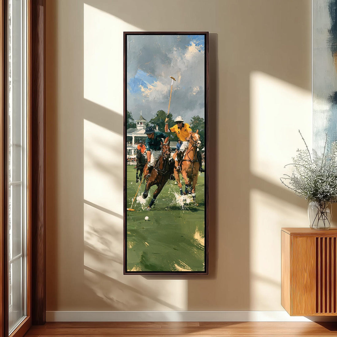 Polo riders racing in front of a clubhouse long vertical canvas print in a sunlit living space