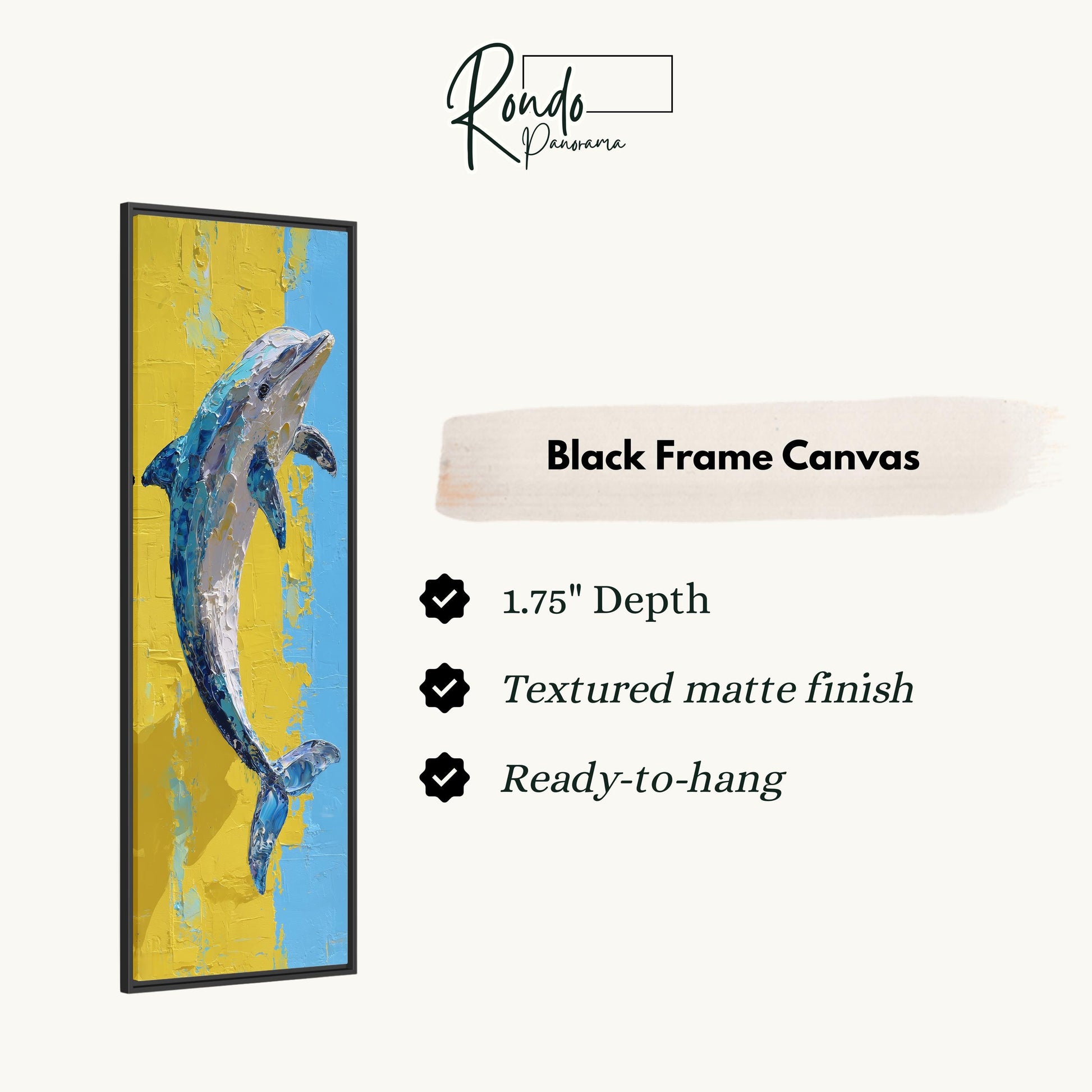 The image is a black frame canvas featuring a painting of a dolphin.