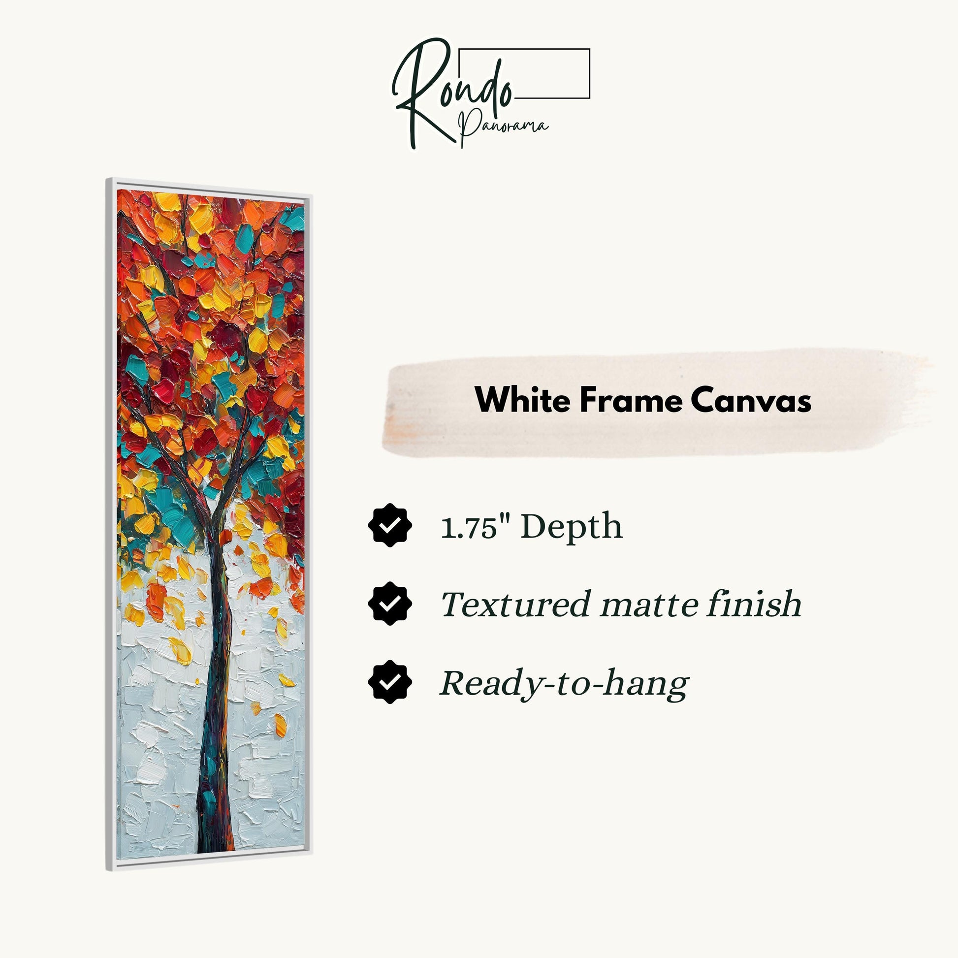 The image is a white frame canvas with a painting of a tree with autumn leaves. The frame is described as having a 1.75" depth, a textured matte finish, and is ready to hang.
