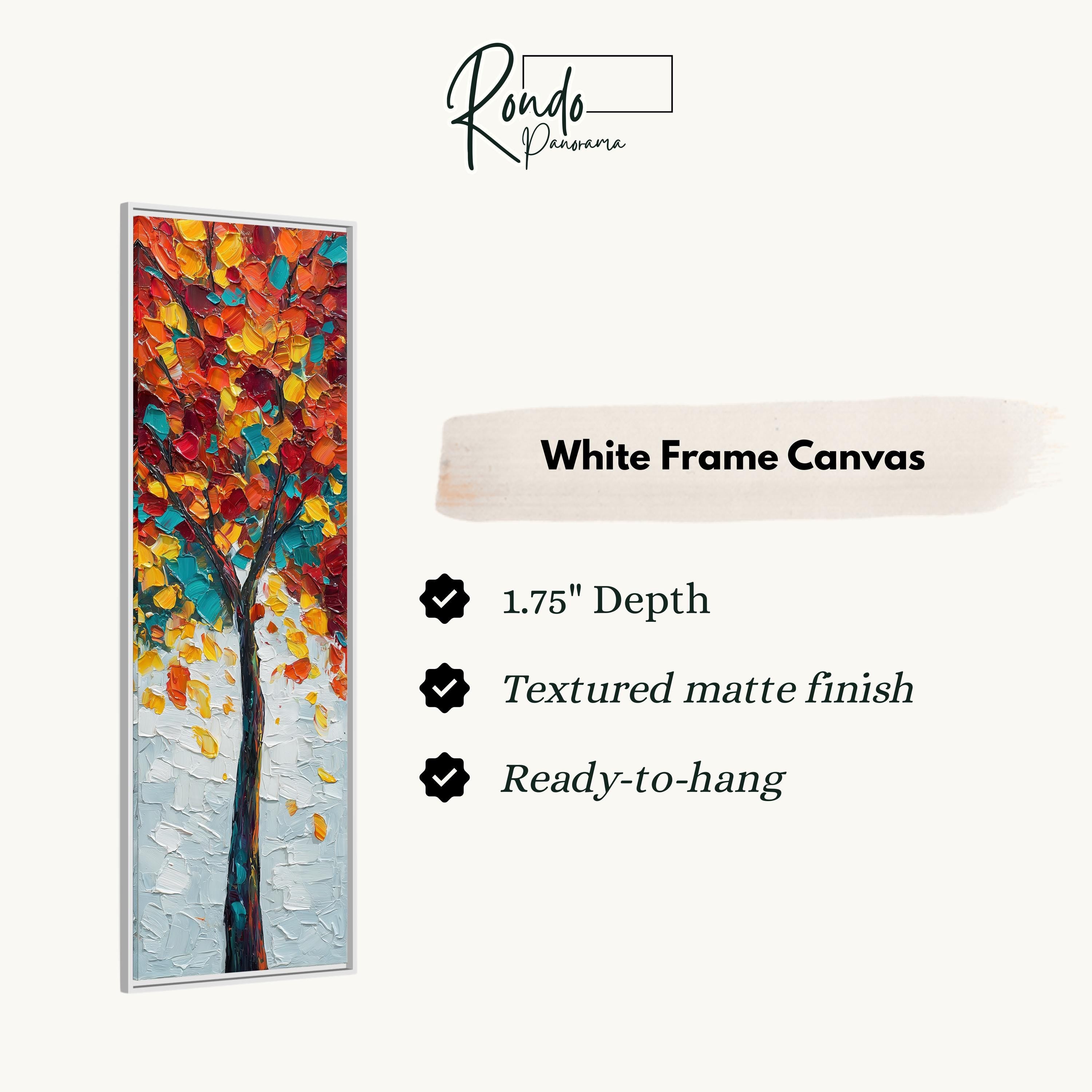 The image is a white frame canvas with a painting of a tree with autumn leaves. The frame is described as having a 1.75" depth, a textured matte finish, and is ready to hang.