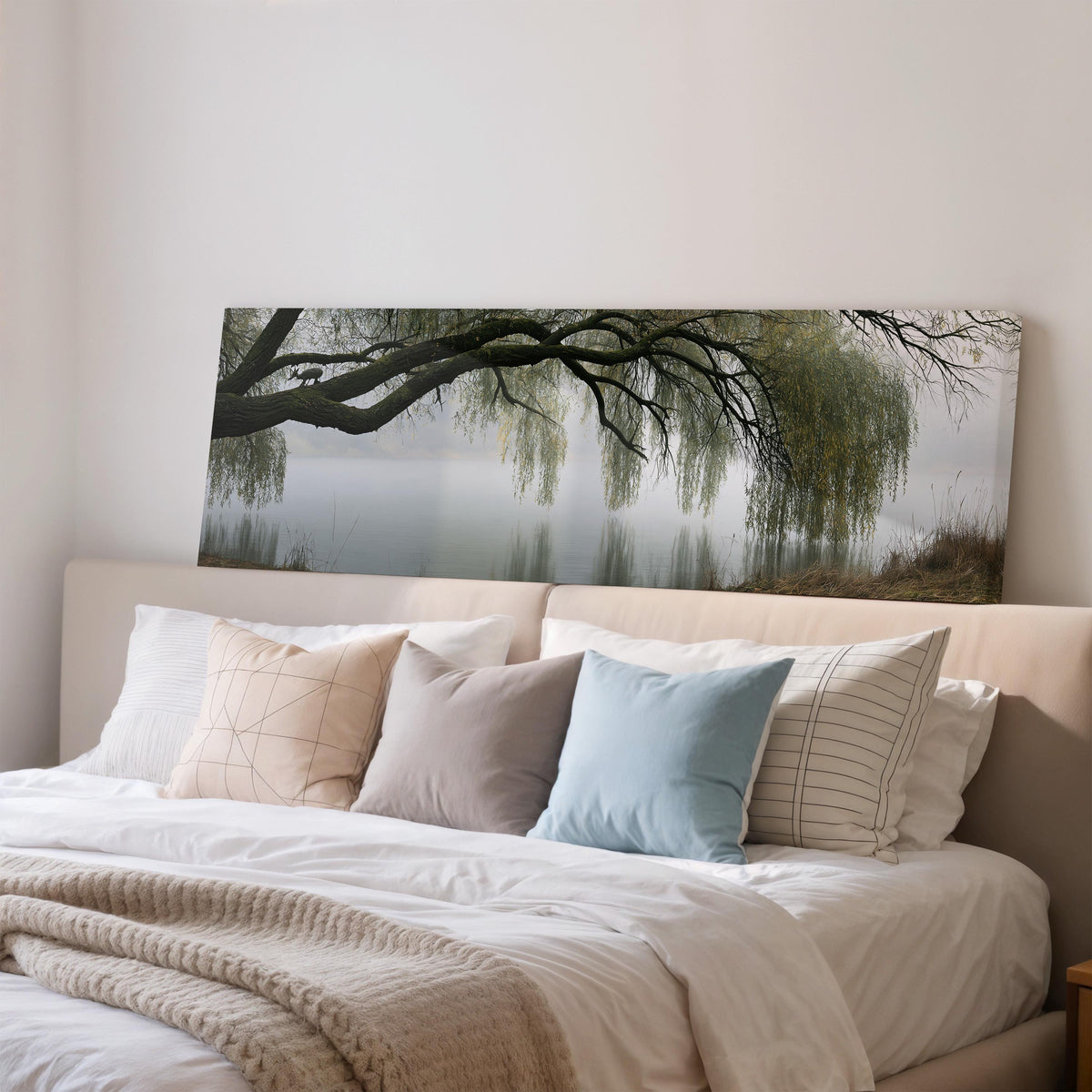 Weeping willow over a misty lake wide panoramic canvas print above a bed in a bedroom
