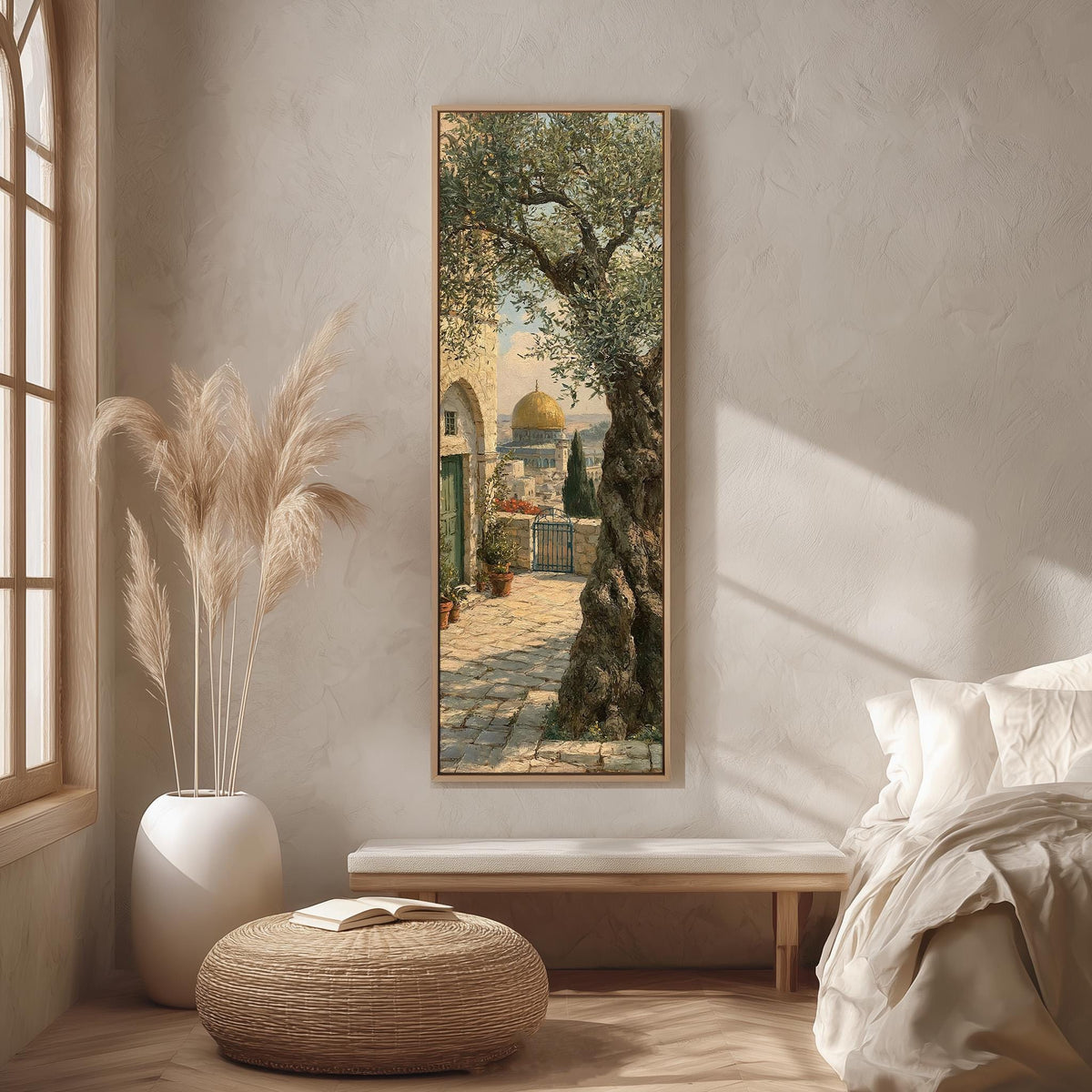 Ancient olive tree near the golden dome long vertical canvas print in a bright reading corner