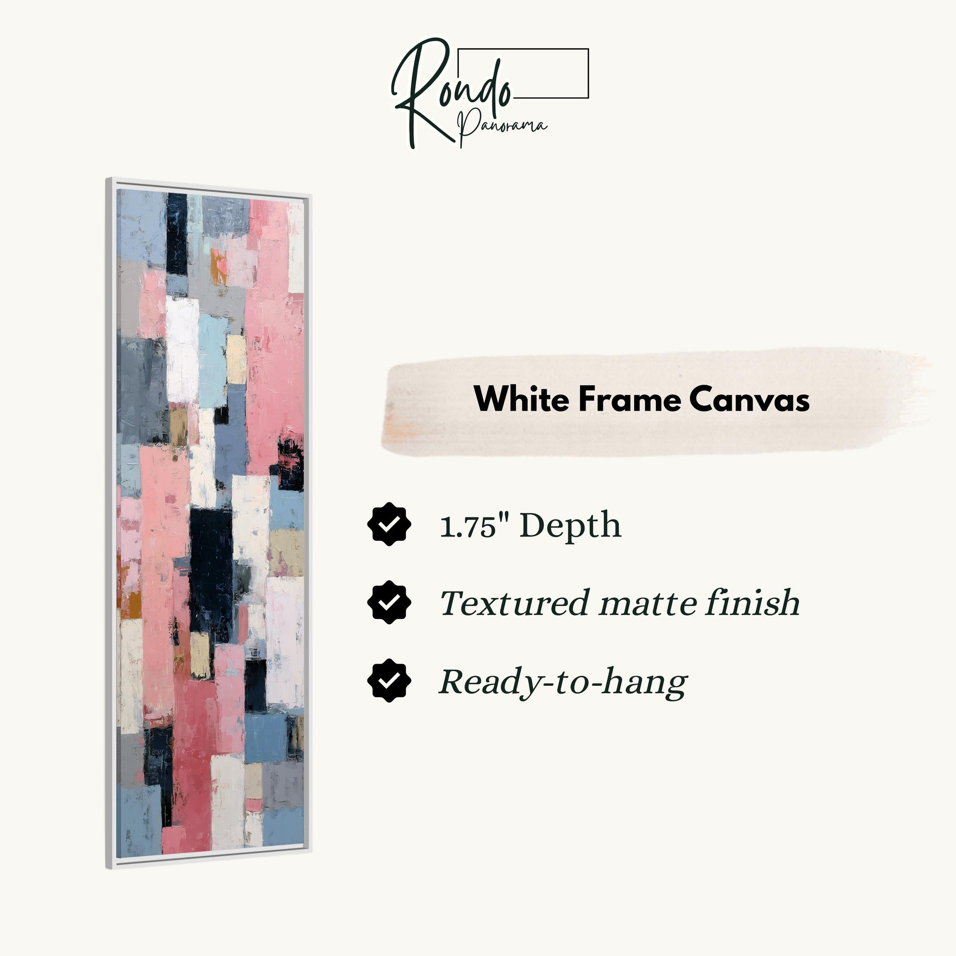 The image is a product advertisement for a white frame canvas. It features a large abstract painting with a variety of colors and textures, and provides details about the product, including its dimensions, finish, and hanging capabilities.
