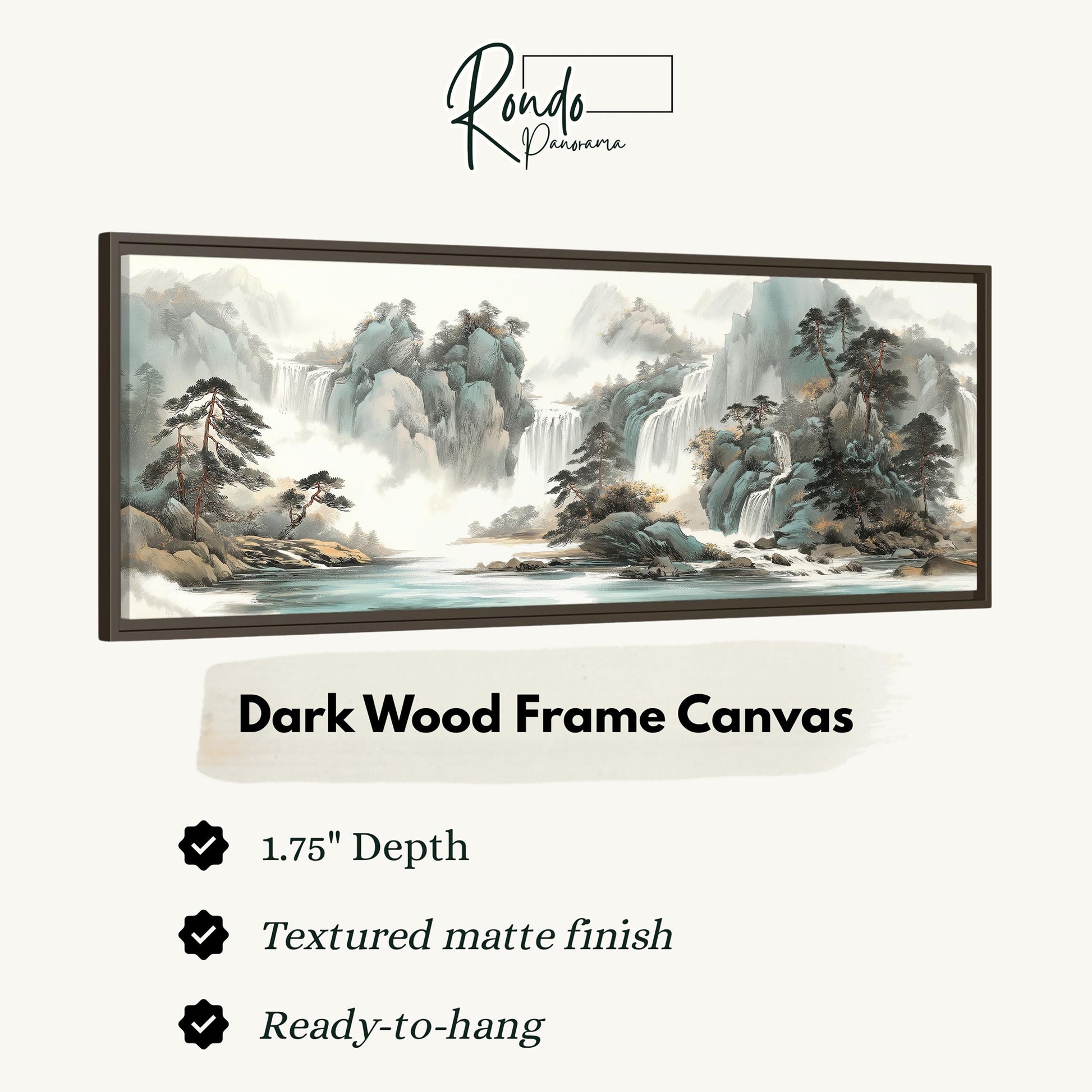 The image is a framed artwork depicting a serene landscape with a waterfall and mountains.