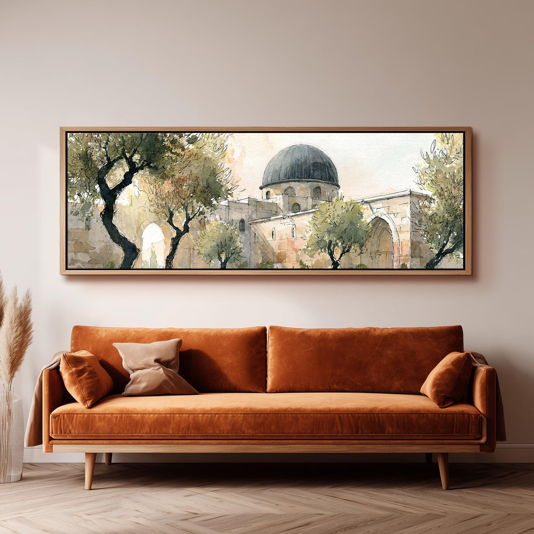 Old stone dome in a sketch style long horizontal canvas print above a sofa in a living room
