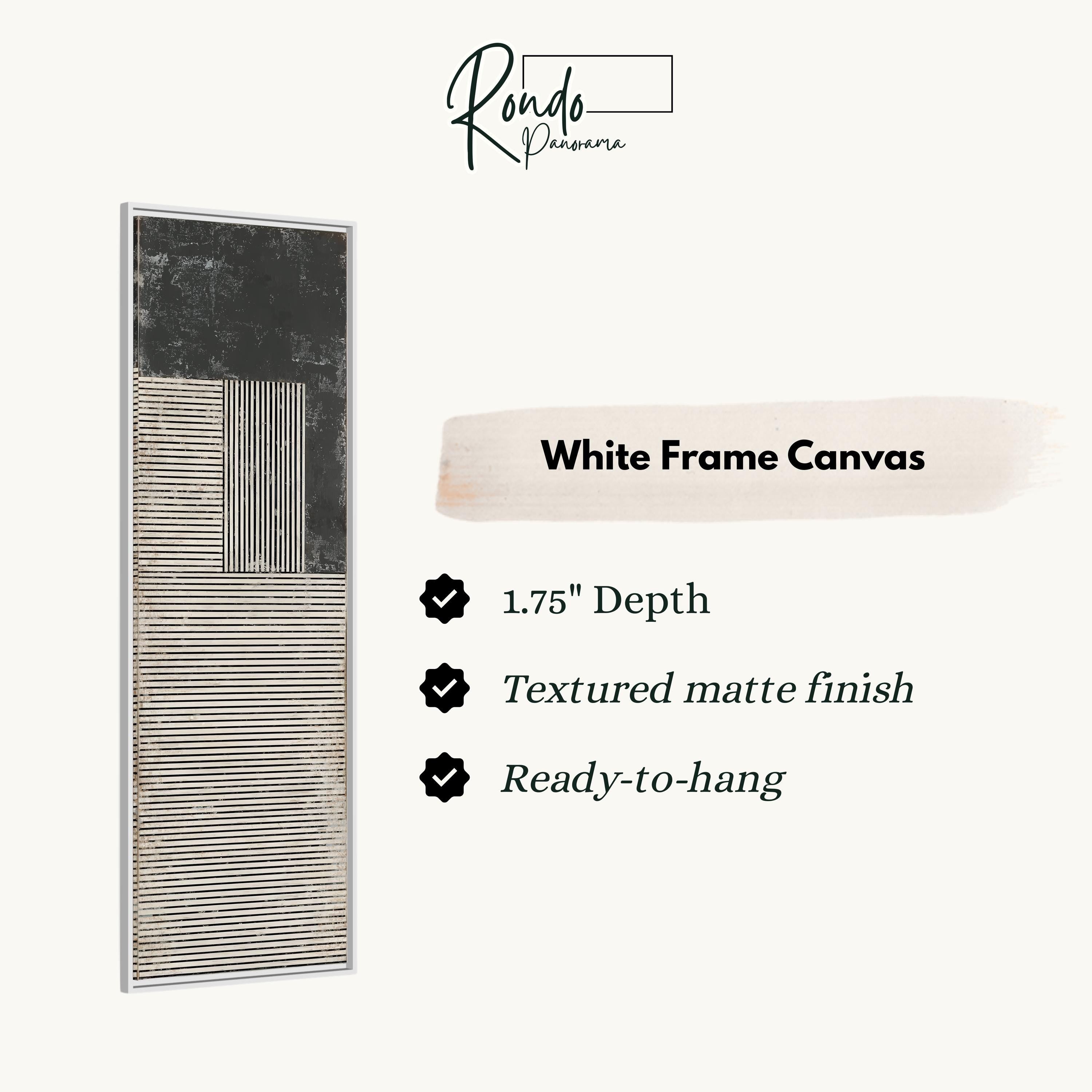 The image is a product description for a white frame canvas, featuring a black and white abstract artwork.