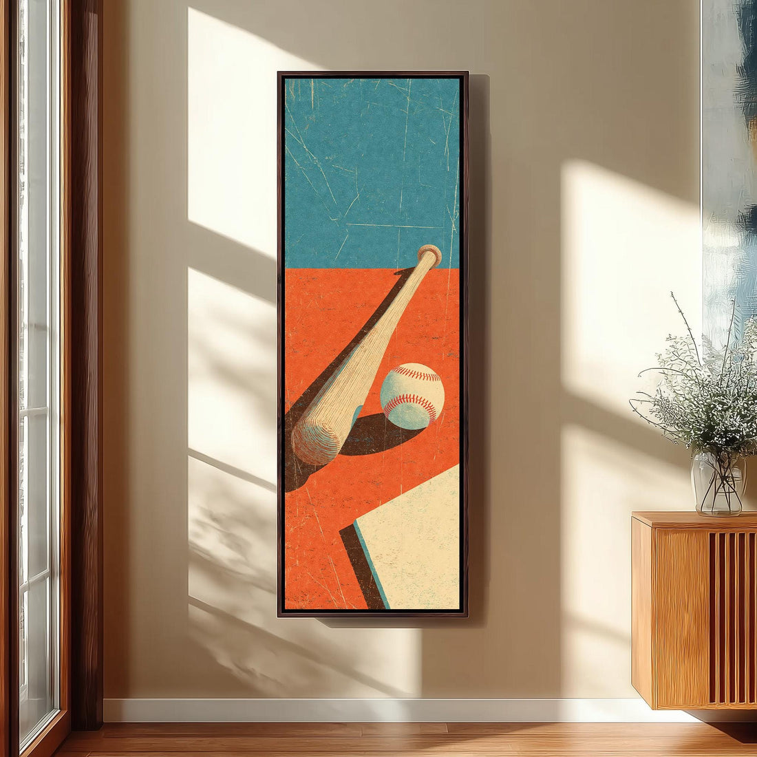 Retro baseball bat and ball long vertical canvas print in a sunlit living space