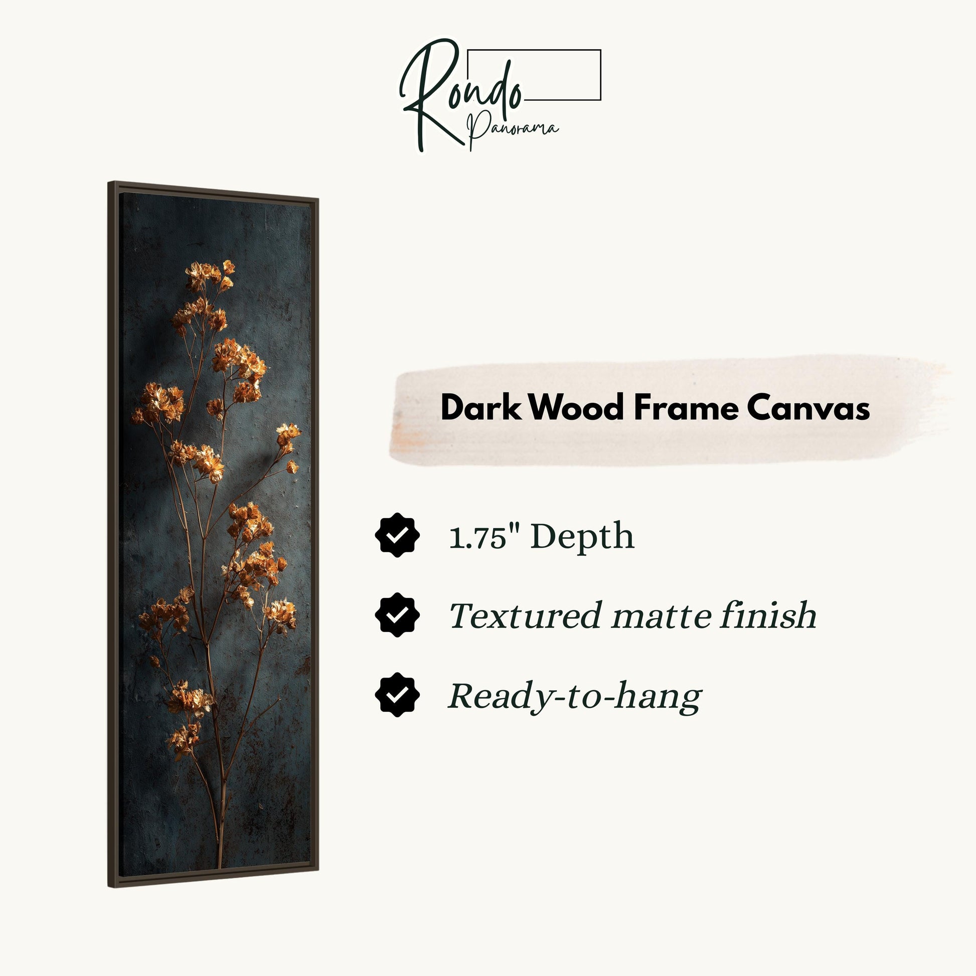 The image is a dark wood frame canvas featuring a close-up of a plant with orange flowers.