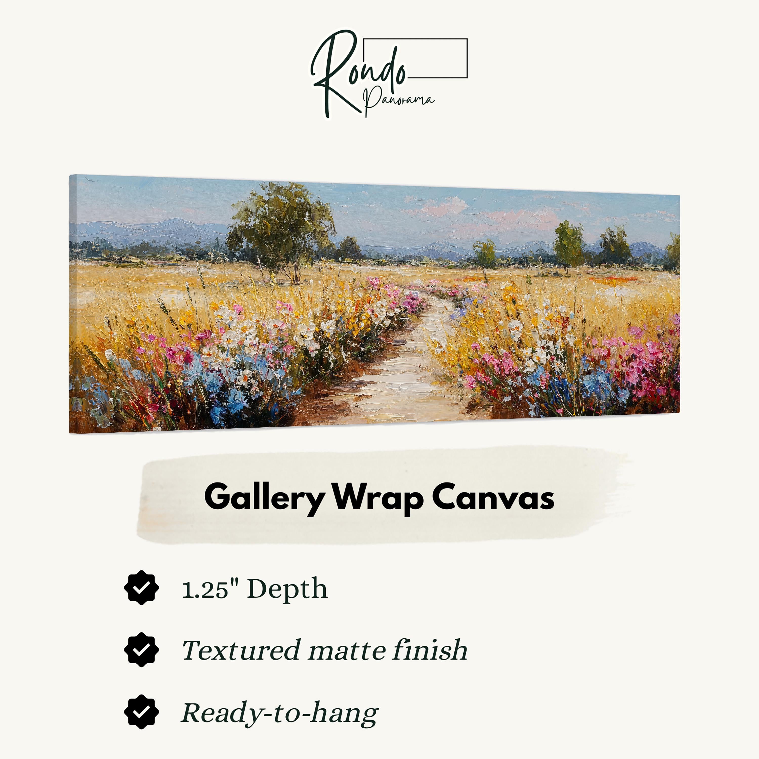 The image is a painting of a field with flowers, and it is a gallery wrap canvas.